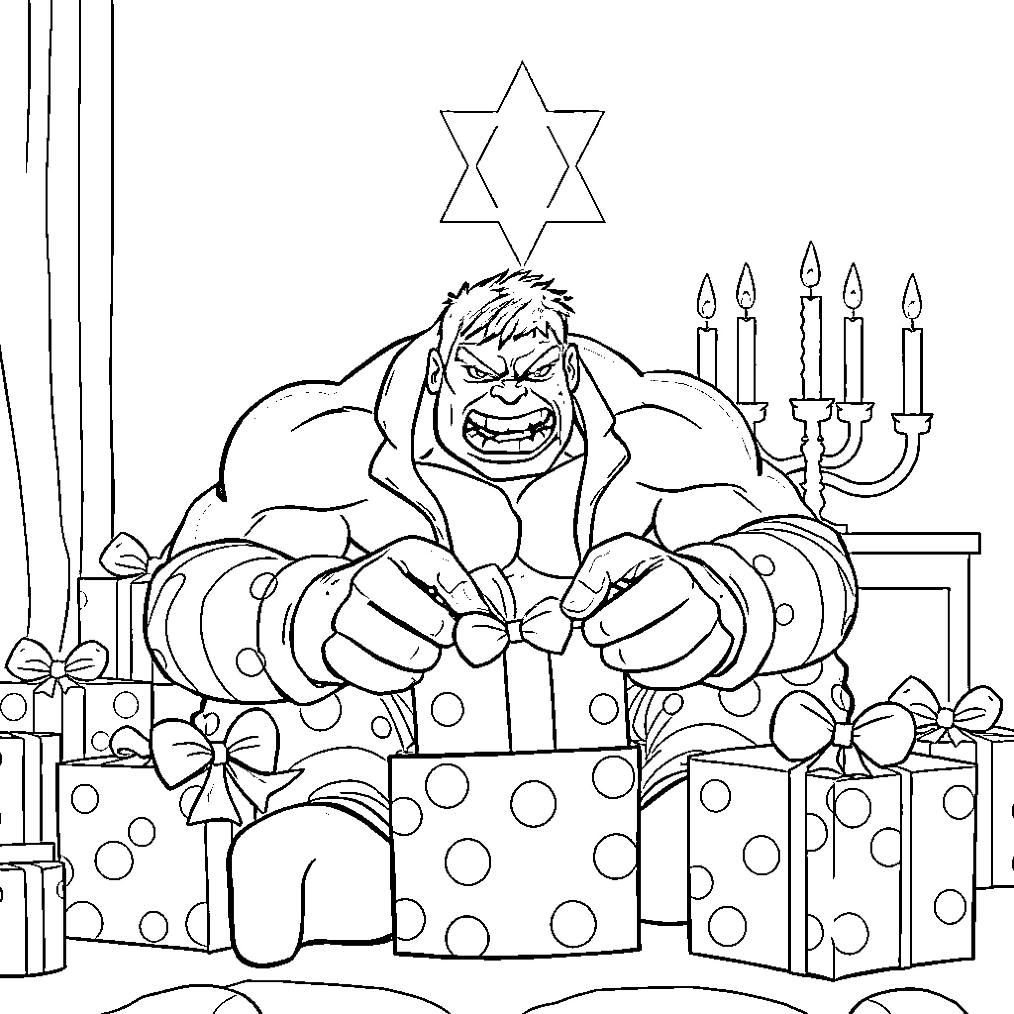 Hulk Bursting Out of Festive Gift Boxes Coloring Page (free black-and-white line drawing printable PDF for all, from beginners to advanced learners, including children, teens, adults, and seniors)
