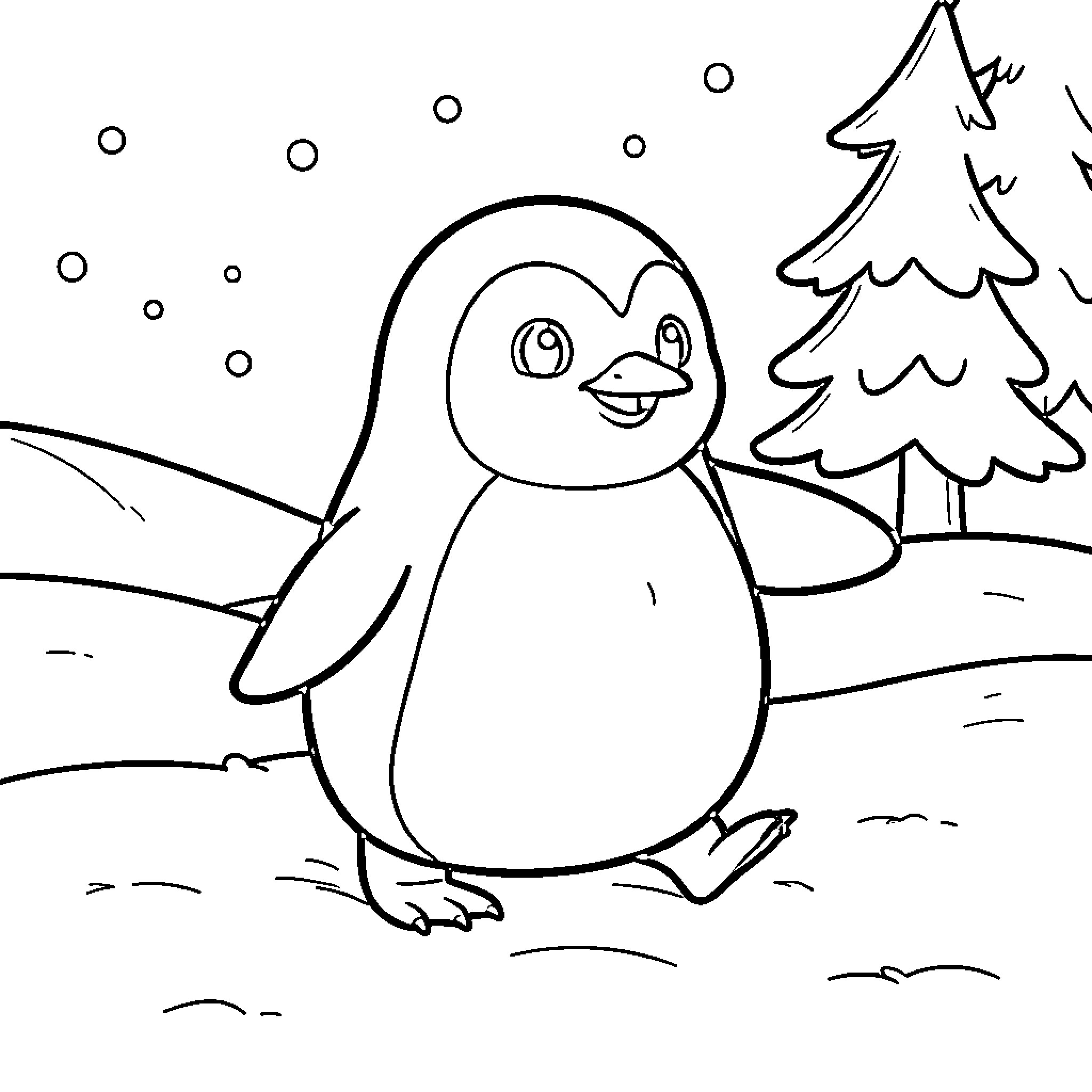 Penguin enjoying a snowy winter scene Coloring Page (free black-and-white line drawing printable PDF for all, from beginners to advanced learners, including children, teens, adults, and seniors)