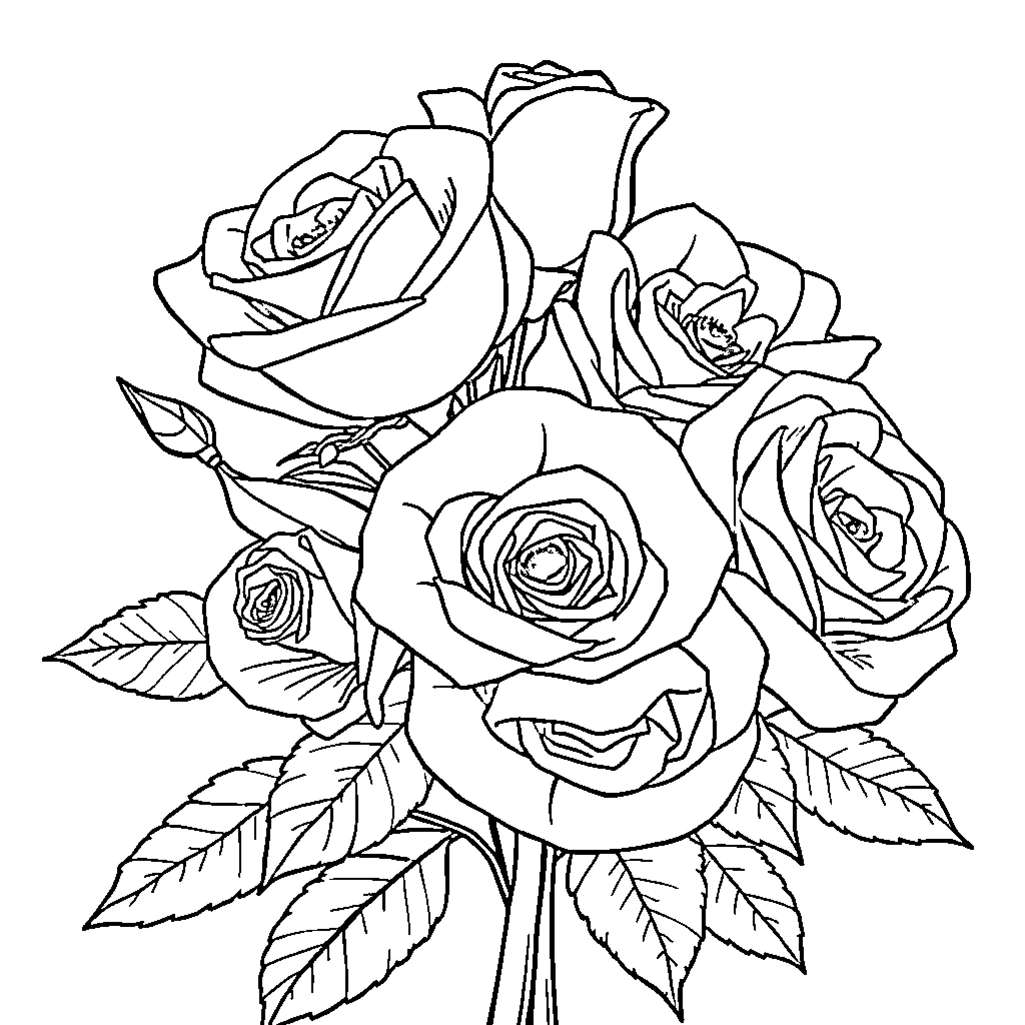 Rose Bouquet with Elegant Petals and Leaves Coloring Page (free black-and-white line drawing printable PDF for all, from beginners to advanced learners, including children, teens, adults, and seniors)