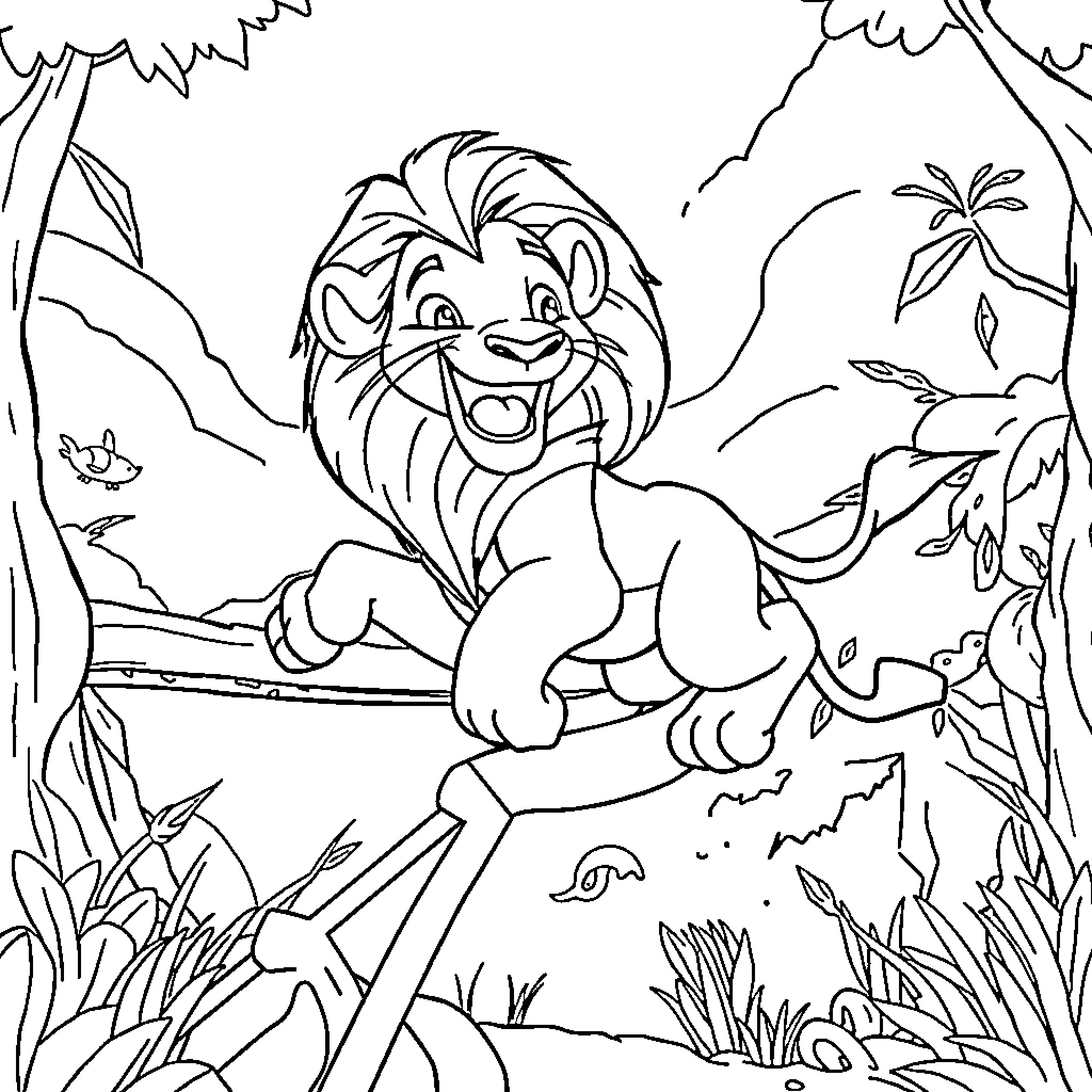 Simba playing joyfully in the jungle Coloring Page (free black-and-white line drawing printable PDF for all, from beginners to advanced learners, including children, teens, adults, and seniors)
