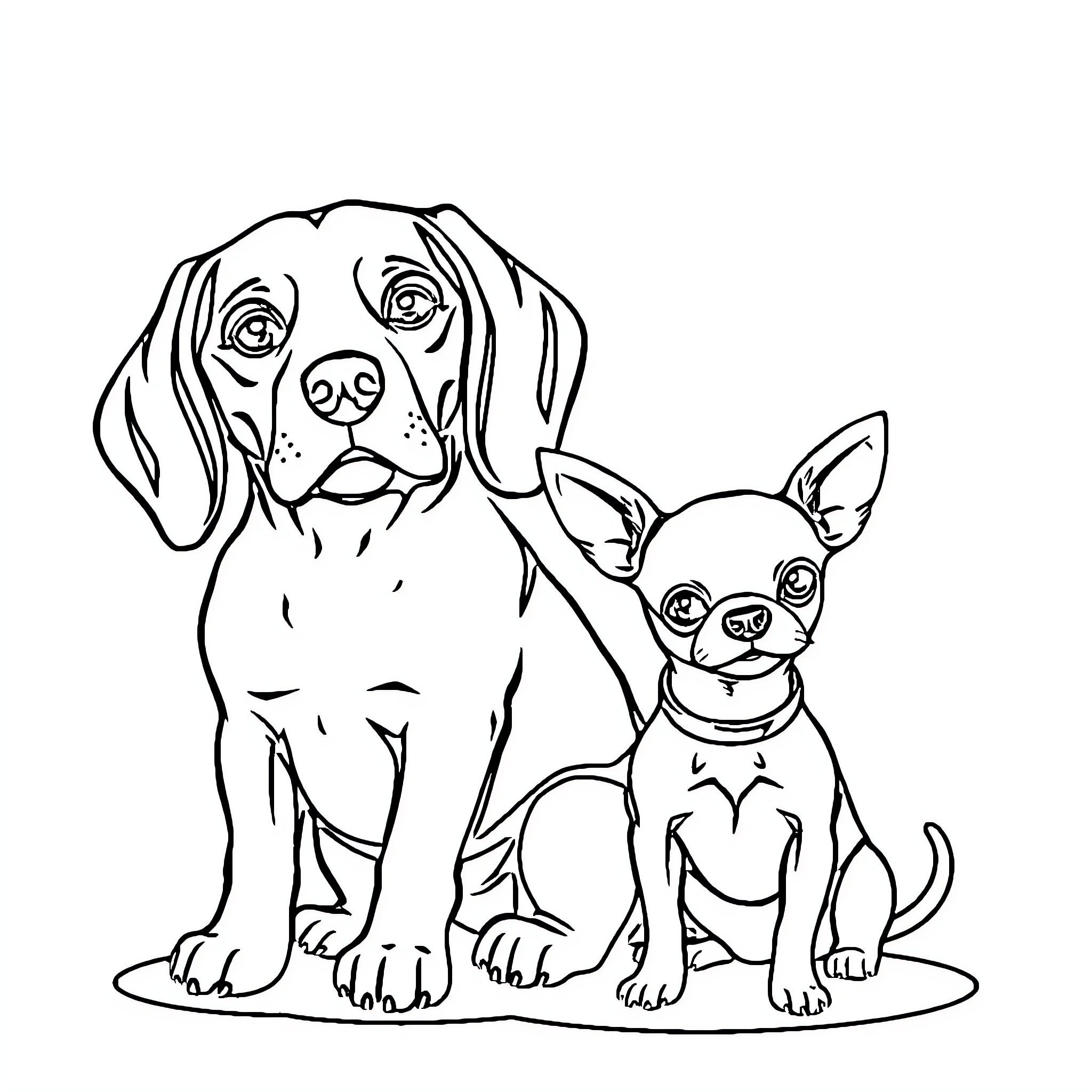 Dog and Chihuahua pals posing together Coloring Page (free black-and-white line drawing printable PDF for all, from beginners to advanced learners, including children, teens, adults, and seniors)
