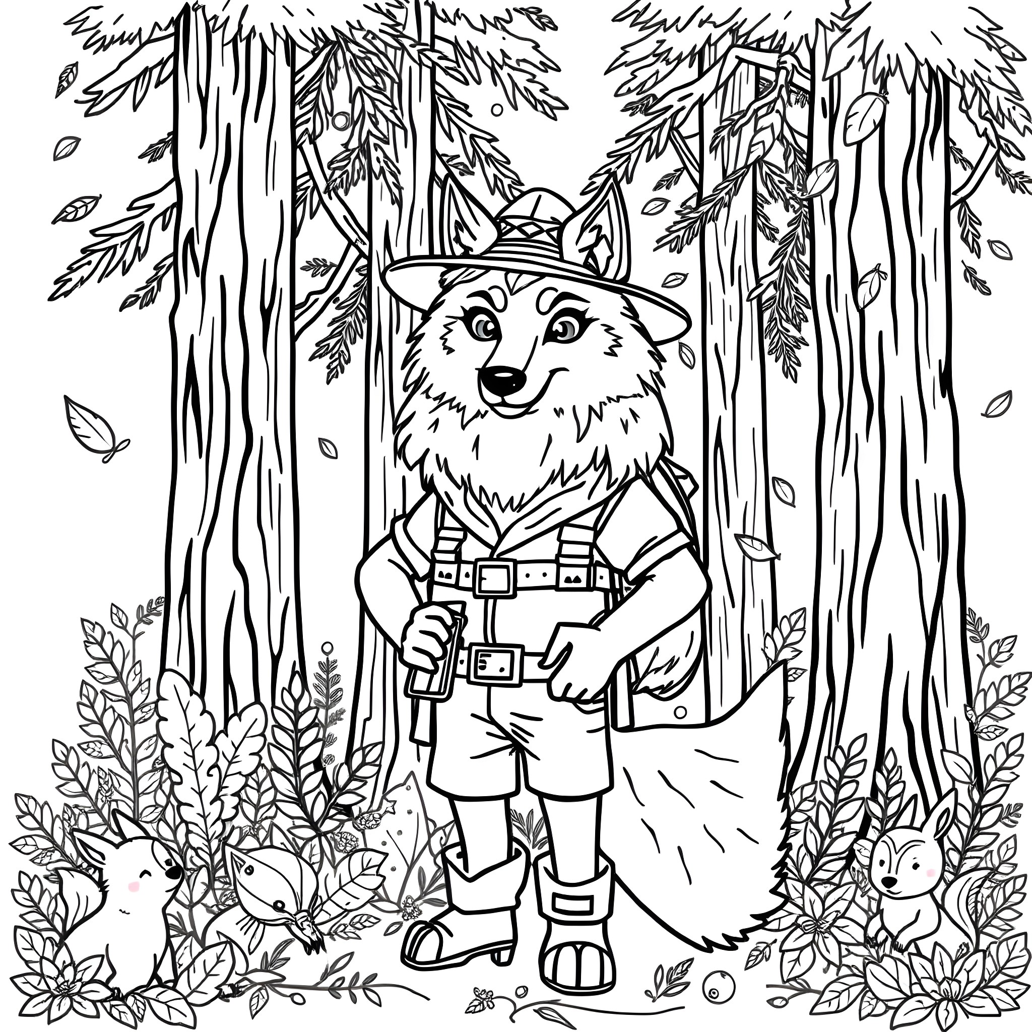 Wolf explorer in the enchanted forest Coloring Page (free black-and-white line drawing printable PDF for all, from beginners to advanced learners, including children, teens, adults, and seniors)