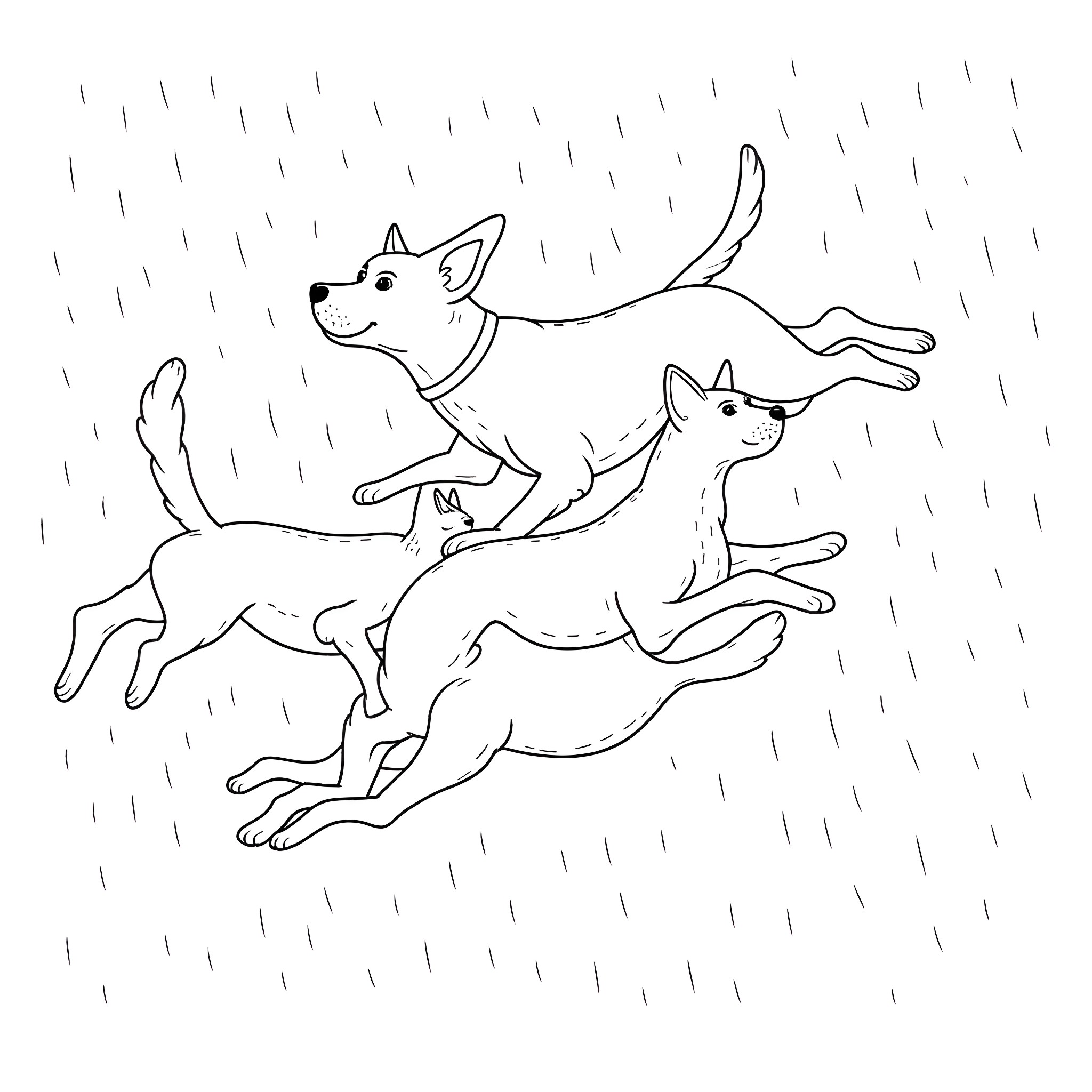 Dog and Puppy Running in the Rain Coloring Page (free black-and-white line drawing printable PDF for all, from beginners to advanced learners, including children, teens, adults, and seniors)