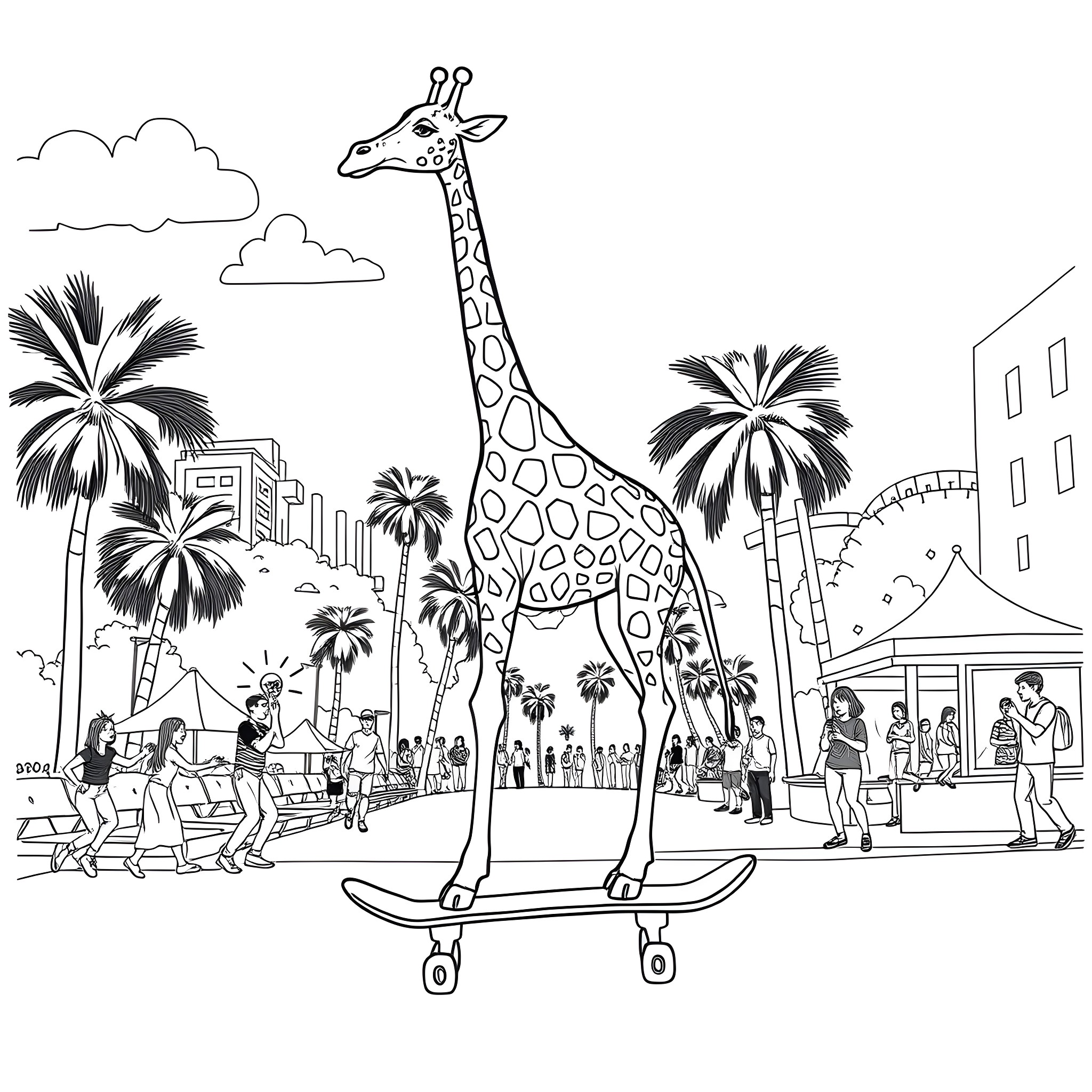 Giraffe skateboarding in a lively city scene Coloring Page (free black-and-white line drawing printable PDF for all, from beginners to advanced learners, including children, teens, adults, and seniors)