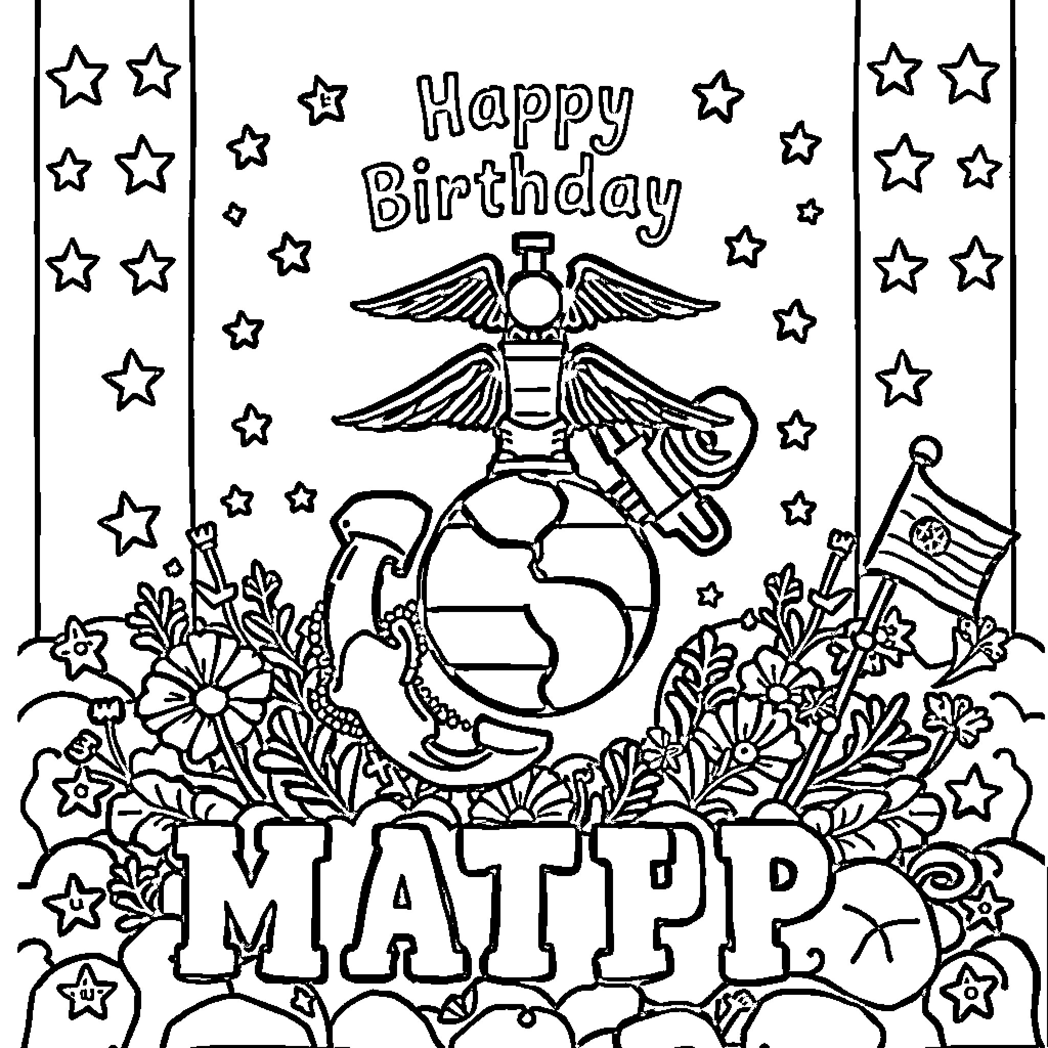 Marine Corps Birthday Celebration with Decorative Symbols Coloring Page (free black-and-white line drawing printable PDF for all, from beginners to advanced learners, including children, teens, adults, and seniors)