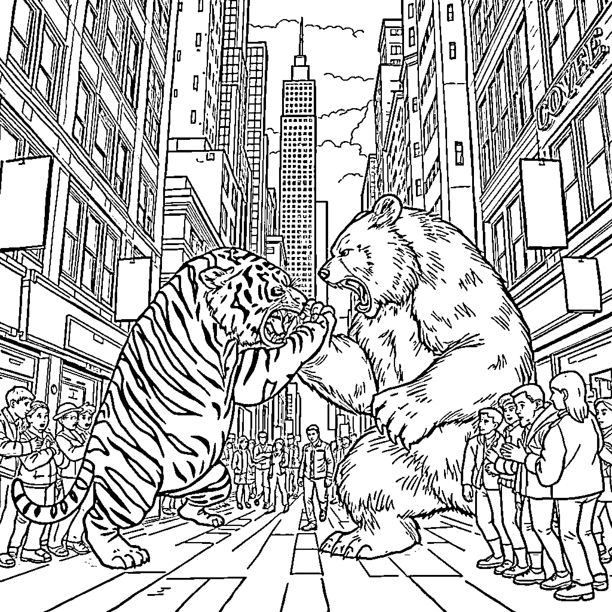 Tiger and Bear Roam the City Streets Coloring Page (free black-and-white line drawing printable PDF for all, from beginners to advanced learners, including children, teens, adults, and seniors)