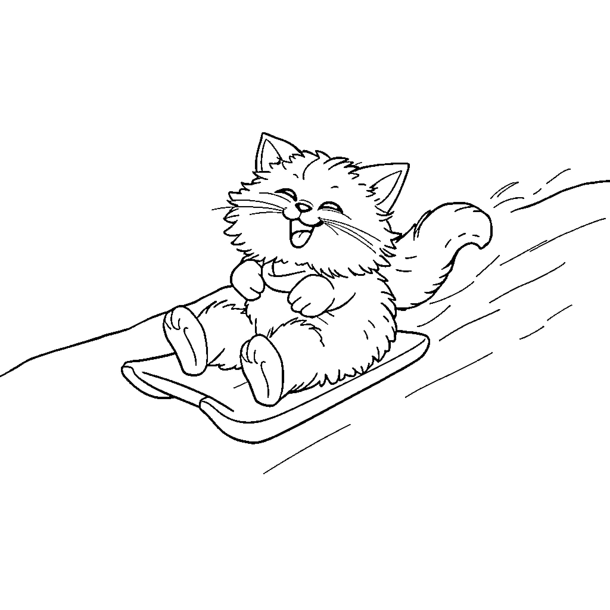 Cat sledding gleefully down a snowy slope Coloring Page (free black-and-white line drawing printable PDF for all, from beginners to advanced learners, including children, teens, adults, and seniors)