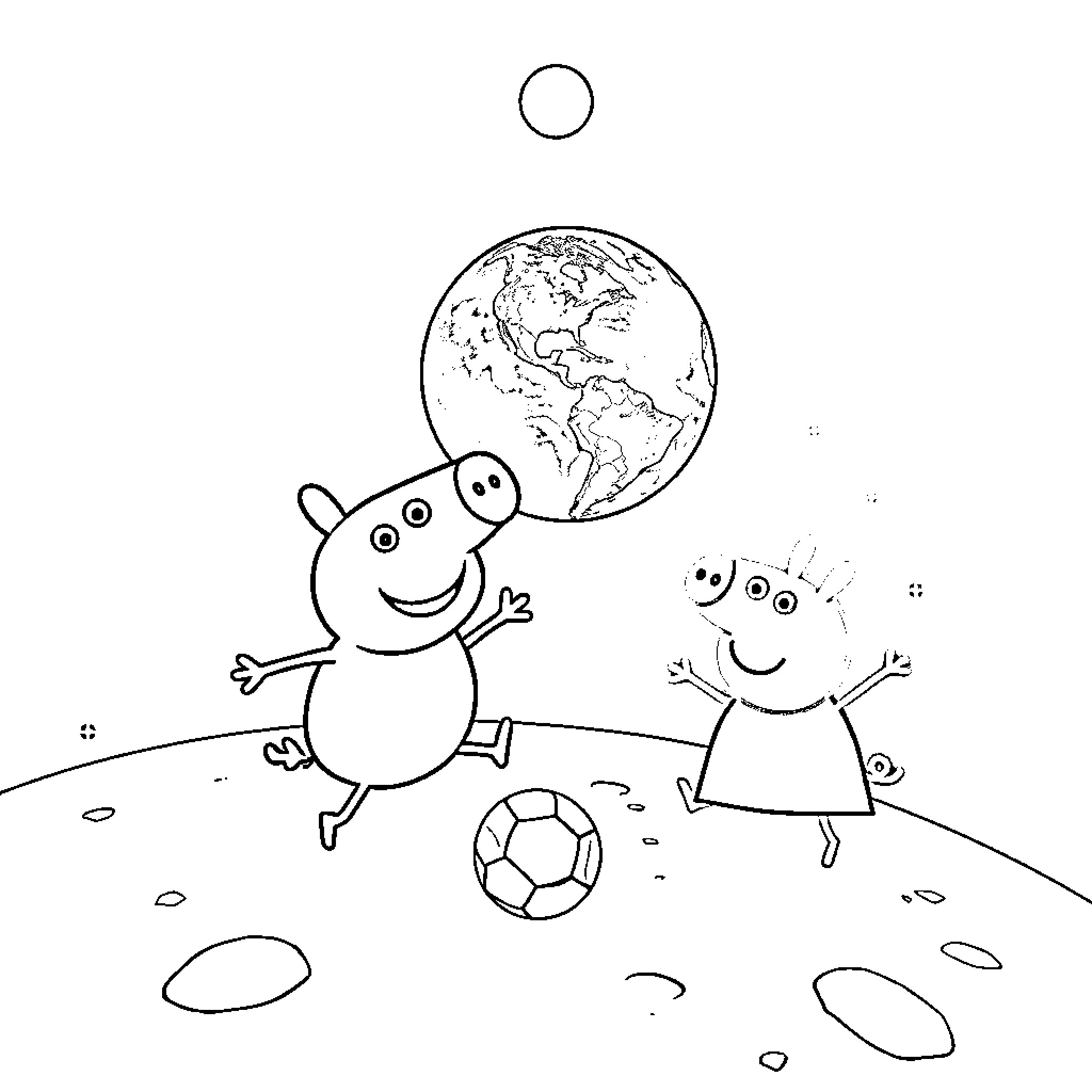 Bluey and friends playing soccer on planet Earth Coloring Page (free black-and-white line drawing printable PDF for all, from beginners to advanced learners, including children, teens, adults, and seniors)