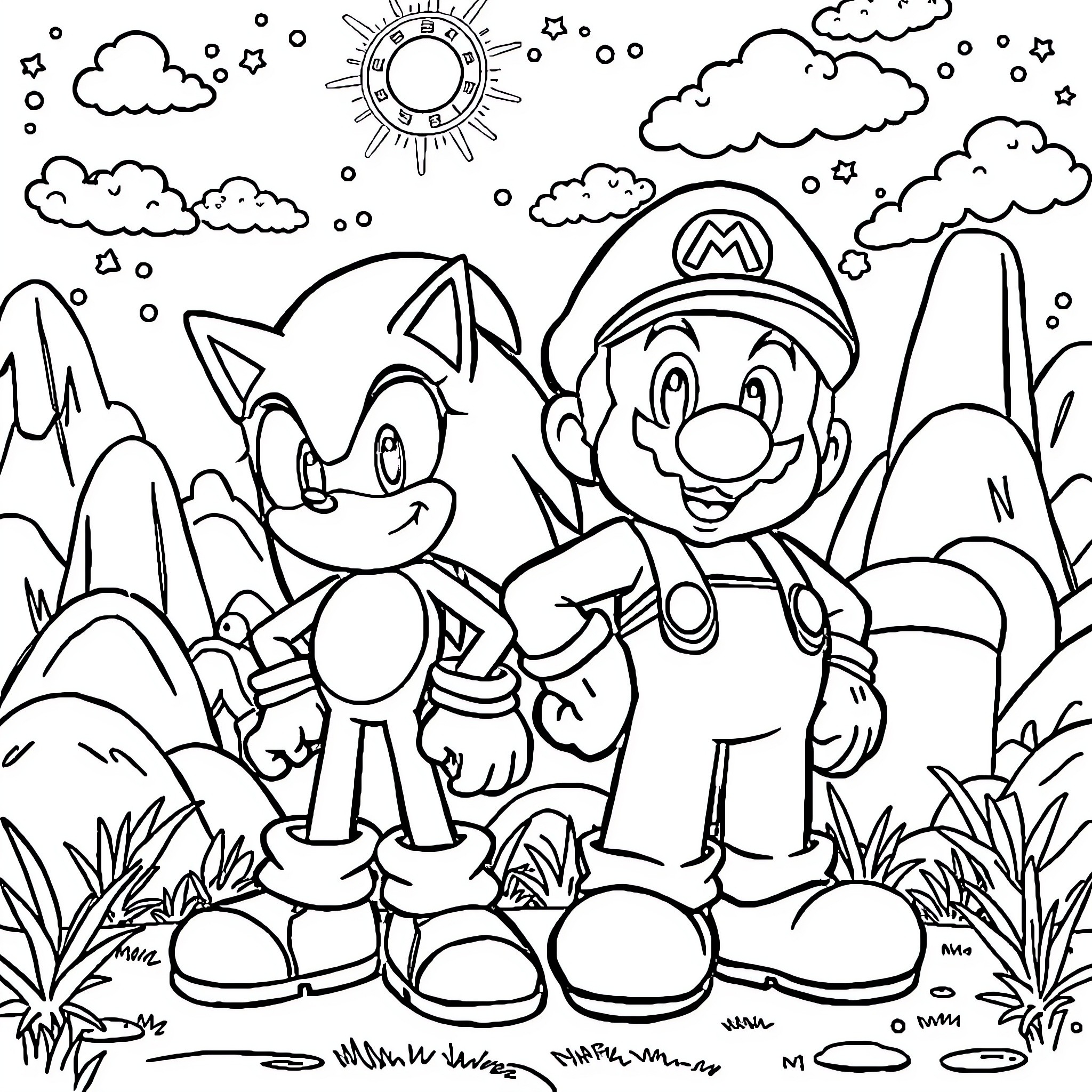 Sonic and Mario in a Vibrant Natural Setting Coloring Page (free black-and-white line drawing printable PDF for all, from beginners to advanced learners, including children, teens, adults, and seniors)