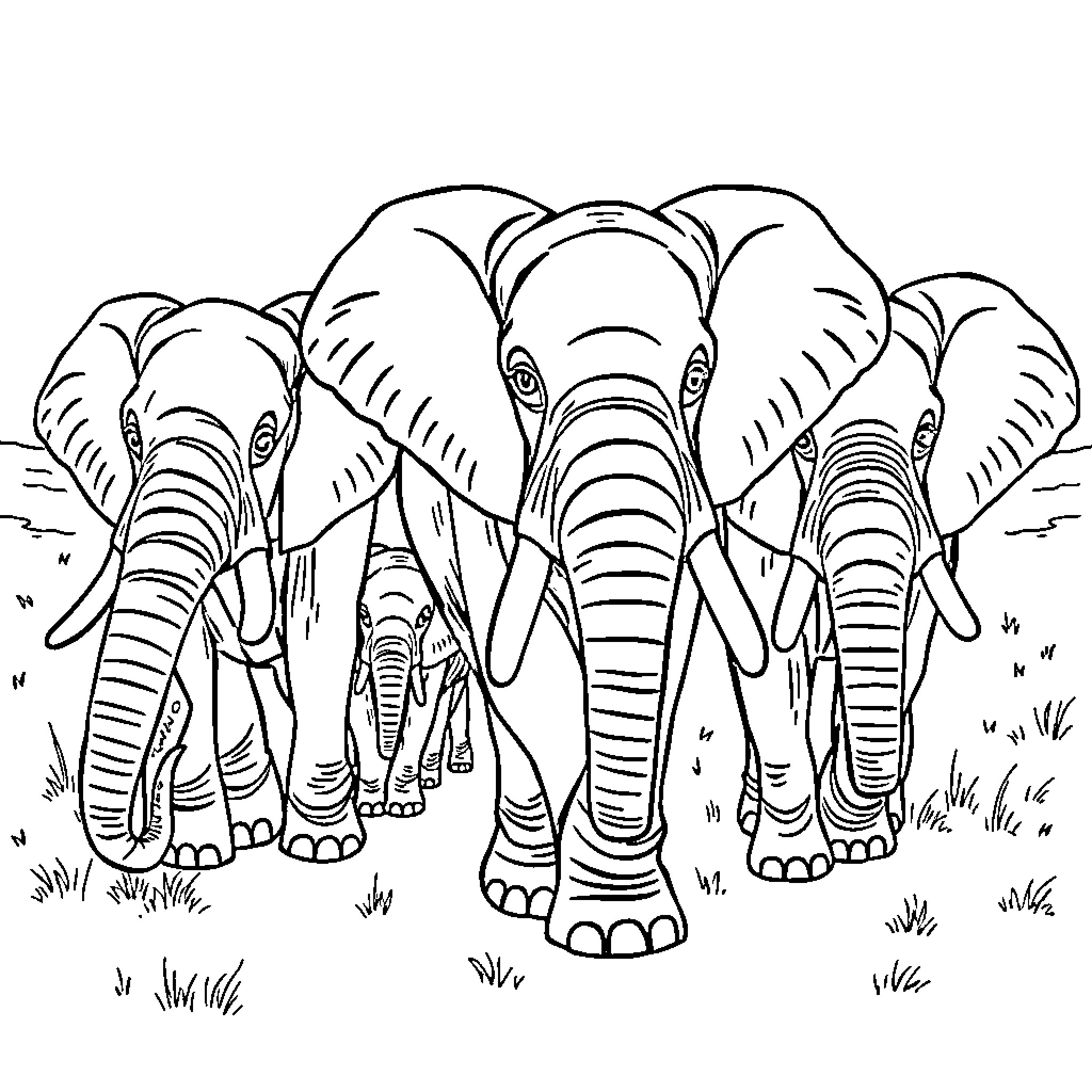 Elephant herd walking together in the wild Coloring Page (free black-and-white line drawing printable PDF for all, from beginners to advanced learners, including children, teens, adults, and seniors)