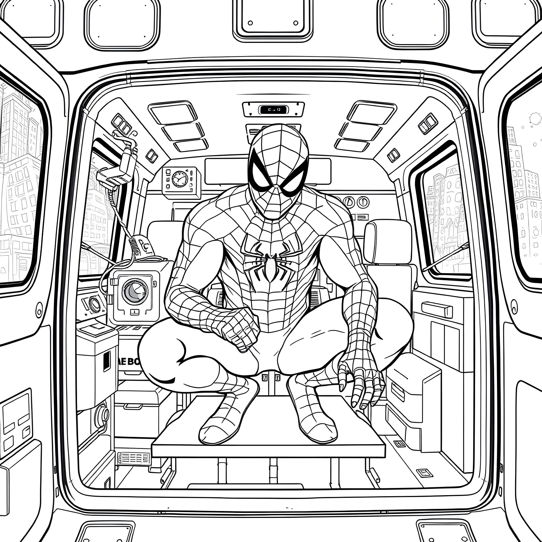Spiderman inside the high-tech superhero vehicle Coloring Page (free black-and-white line drawing printable PDF for all, from beginners to advanced learners, including children, teens, adults, and seniors)