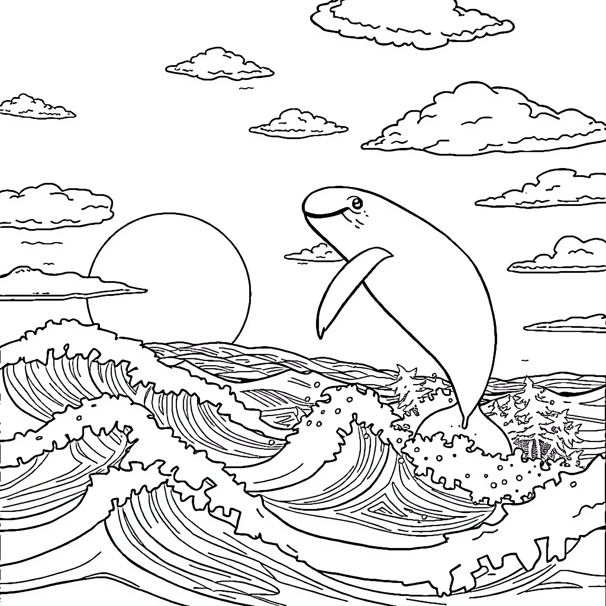 Whale jumping through crashing waves in the sunset Coloring Page (free black-and-white line drawing printable PDF for all, from beginners to advanced learners, including children, teens, adults, and seniors)