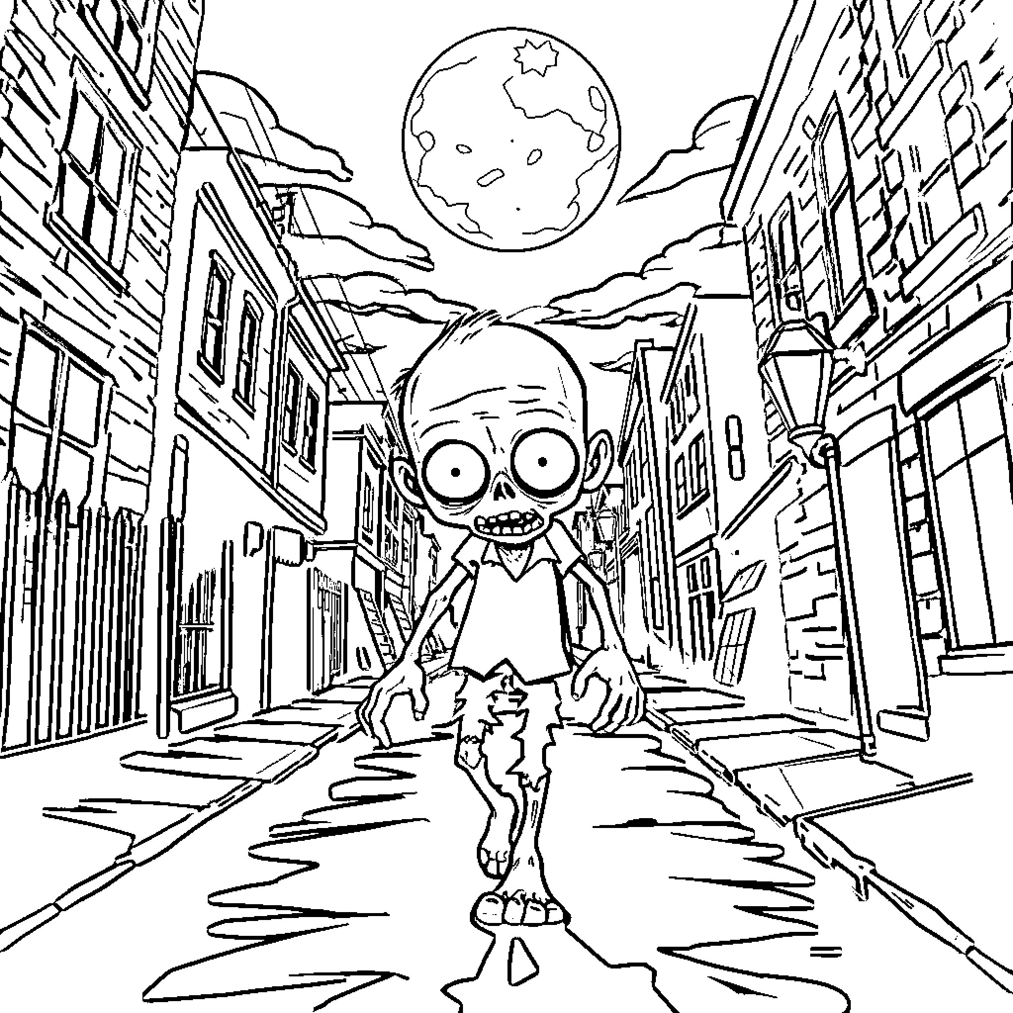 Zombie-like creature roaming a dark, eerie cityscape Coloring Page (free black-and-white line drawing printable PDF for all, from beginners to advanced learners, including children, teens, adults, and seniors)