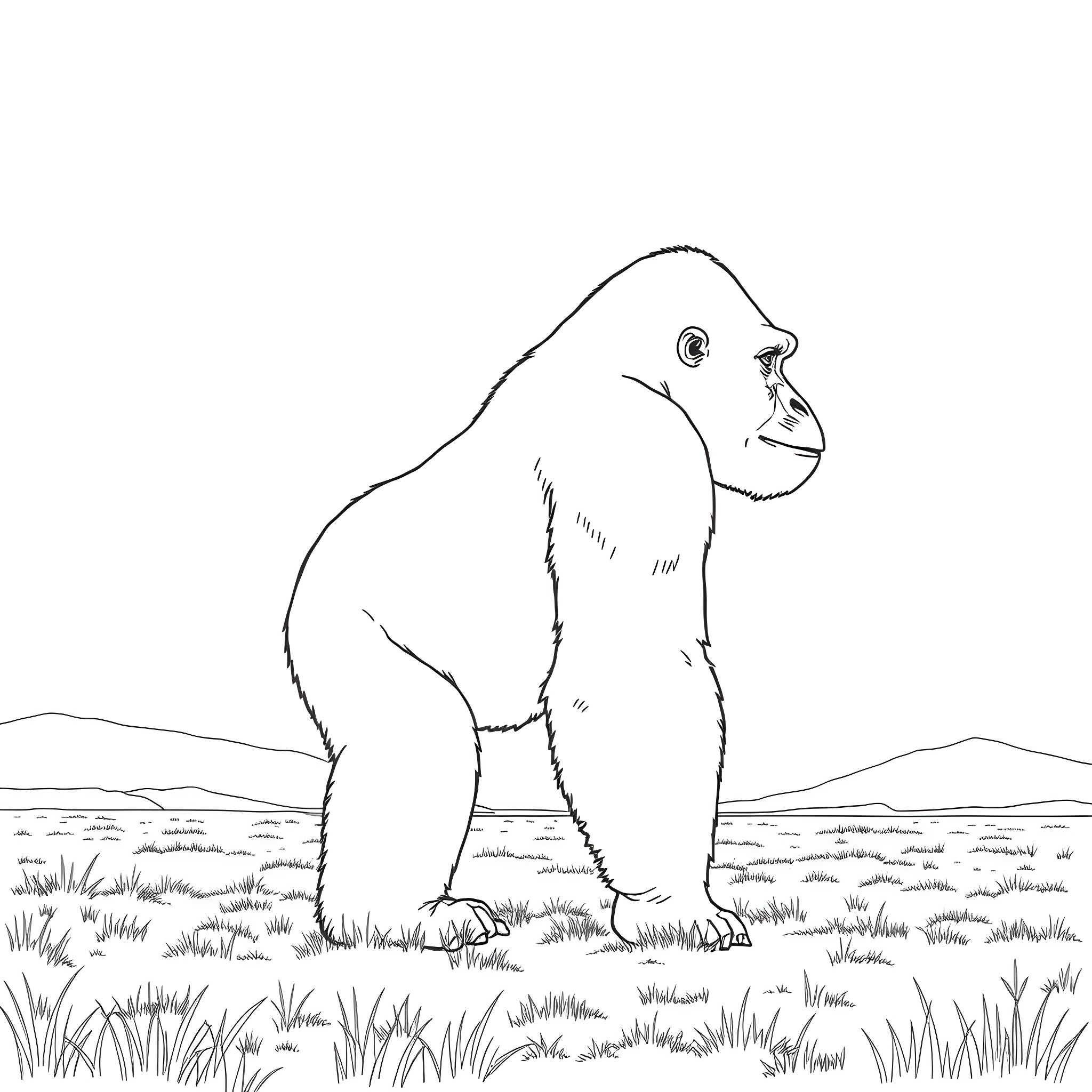 Gorilla standing alone in a grassy field Coloring Page (free black-and-white line drawing printable PDF for all, from beginners to advanced learners, including children, teens, adults, and seniors)