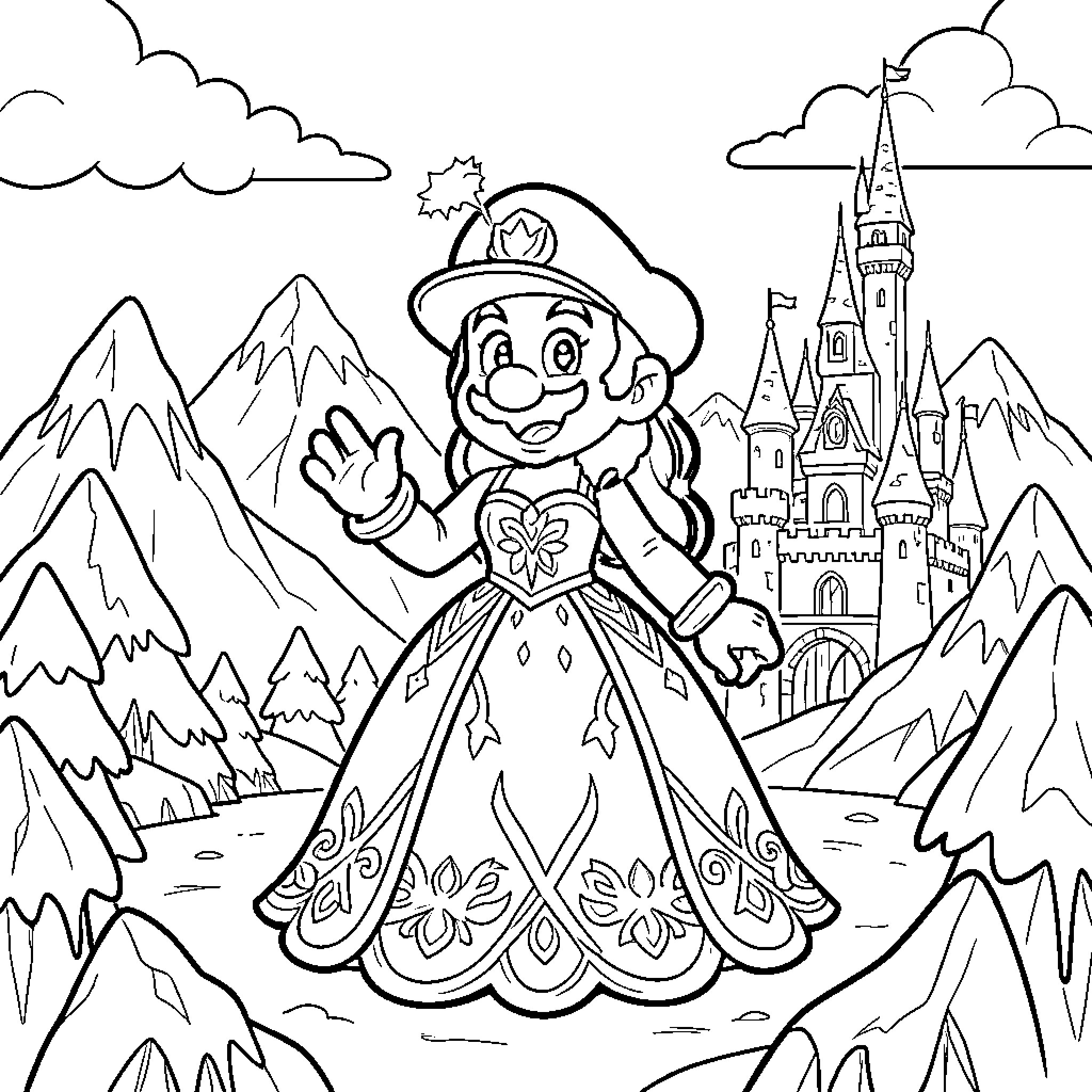 Snow Queen waving happily in front of a castle Coloring Page (free black-and-white line drawing printable PDF for all, from beginners to advanced learners, including children, teens, adults, and seniors)
