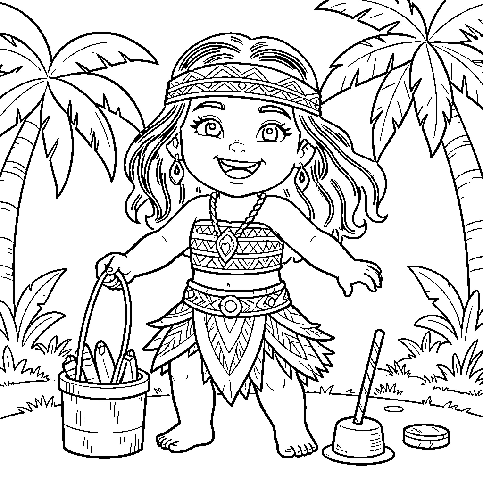 Baby Moana carrying a bucket near palm trees Coloring Page (free black-and-white line drawing printable PDF for all, from beginners to advanced learners, including children, teens, adults, and seniors)