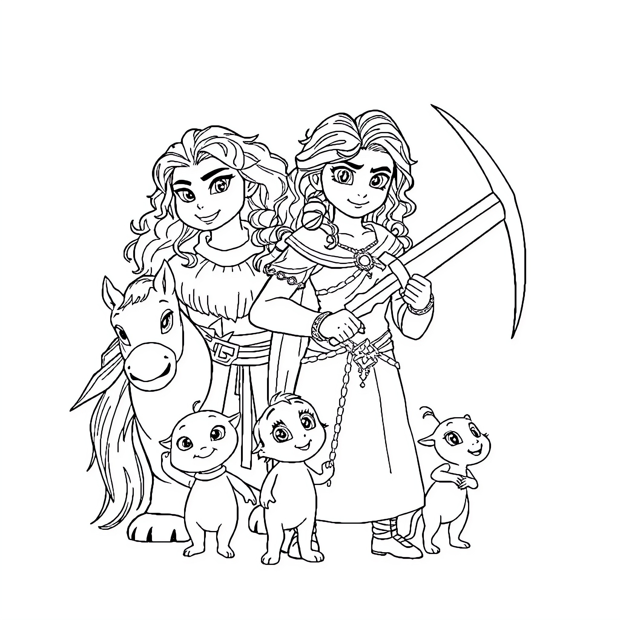 Merida and Friends on an Adventure Coloring Page (free black-and-white line drawing printable PDF for all, from beginners to advanced learners, including children, teens, adults, and seniors)