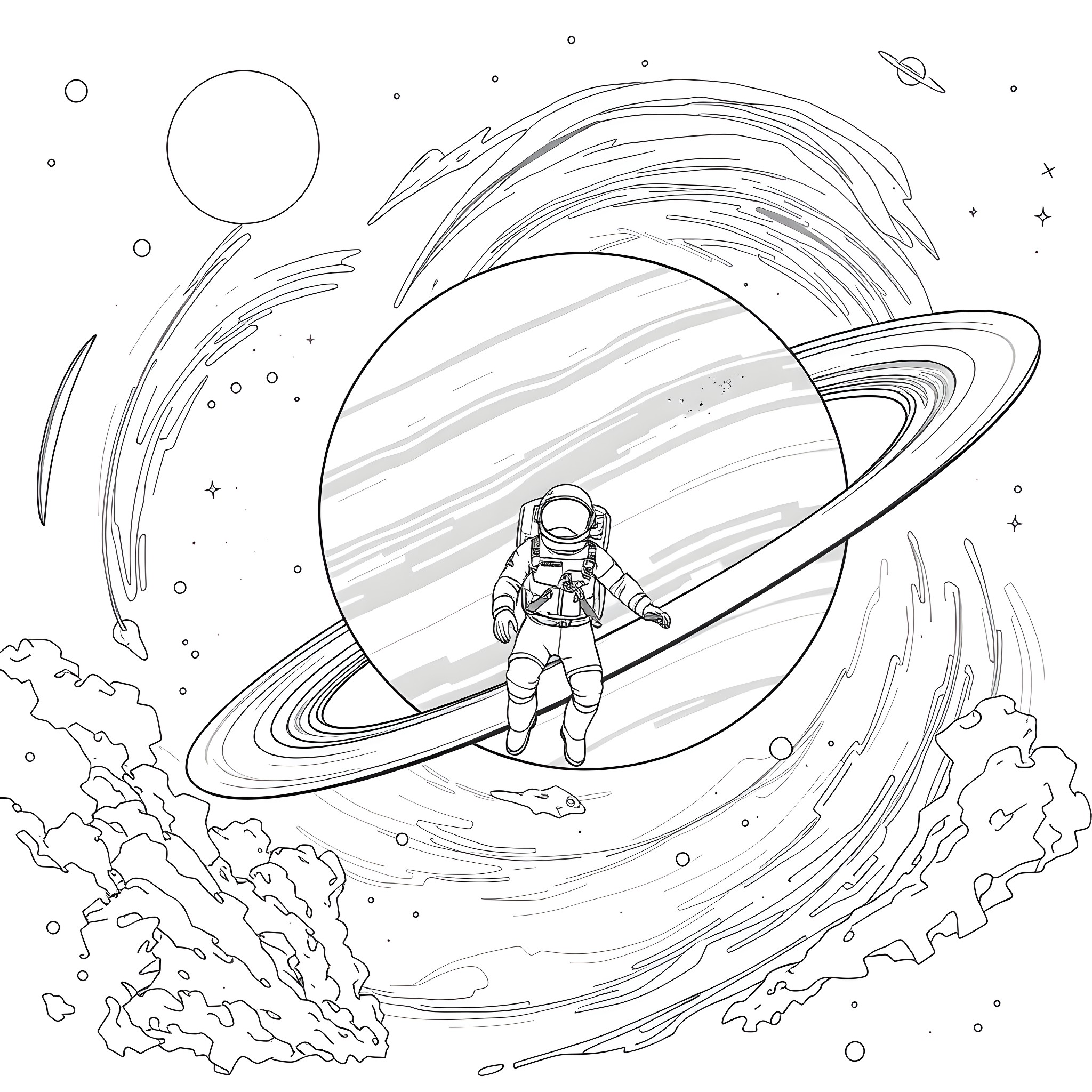 Astronaut exploring the wonders of the cosmos Coloring Page (free black-and-white line drawing printable PDF for all, from beginners to advanced learners, including children, teens, adults, and seniors)