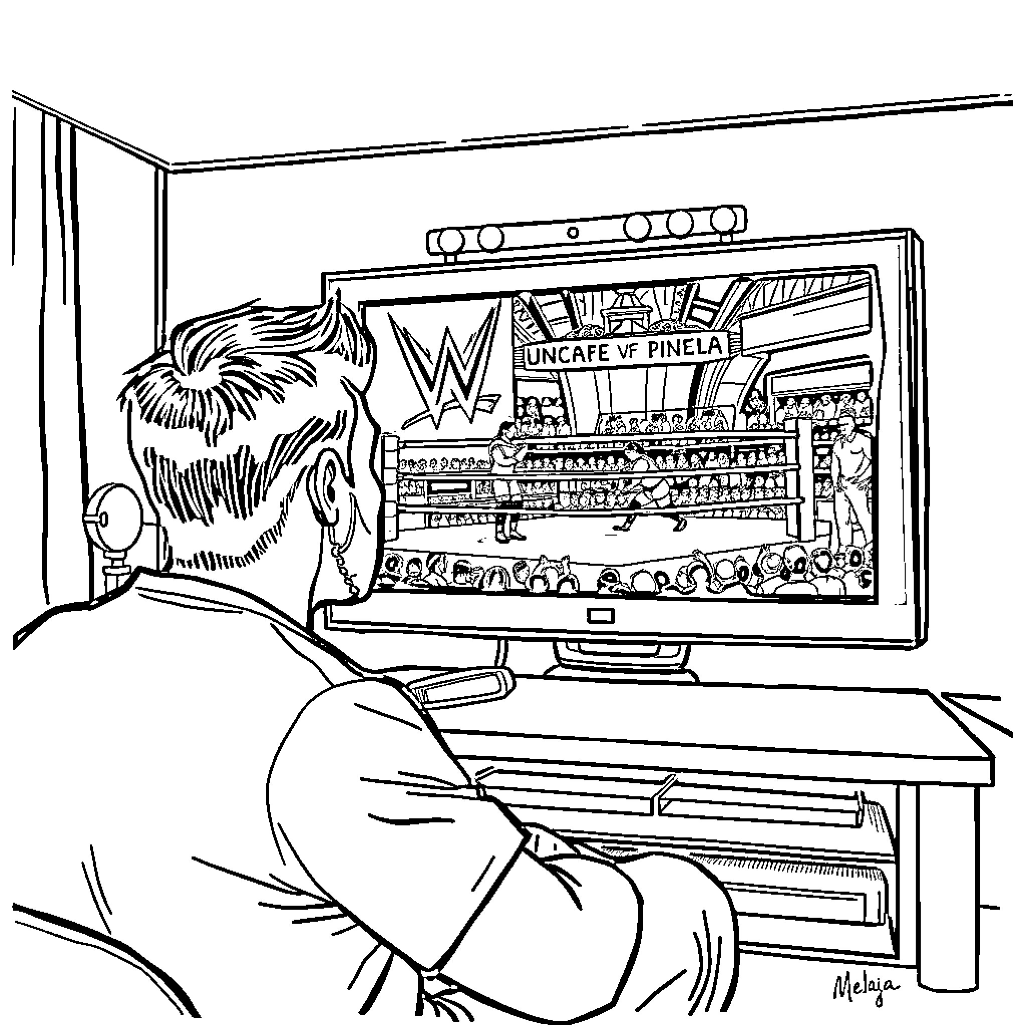 Adult watching entertainment program on TV Coloring Page (free black-and-white line drawing printable PDF for all, from beginners to advanced learners, including children, teens, adults, and seniors)