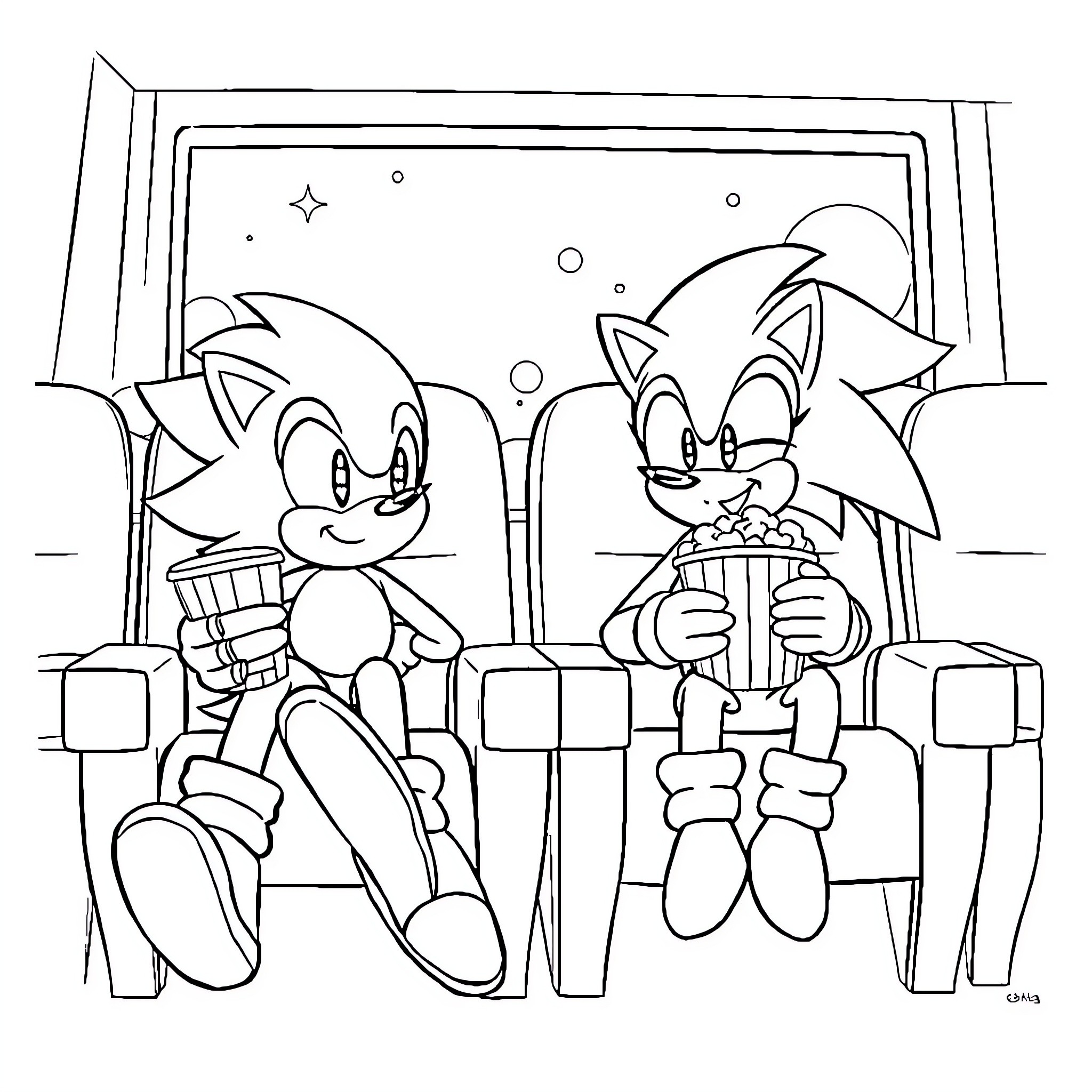 Sonic Characters Enjoying a Movie Together Coloring Page (free black-and-white line drawing printable PDF for all, from beginners to advanced learners, including children, teens, adults, and seniors)
