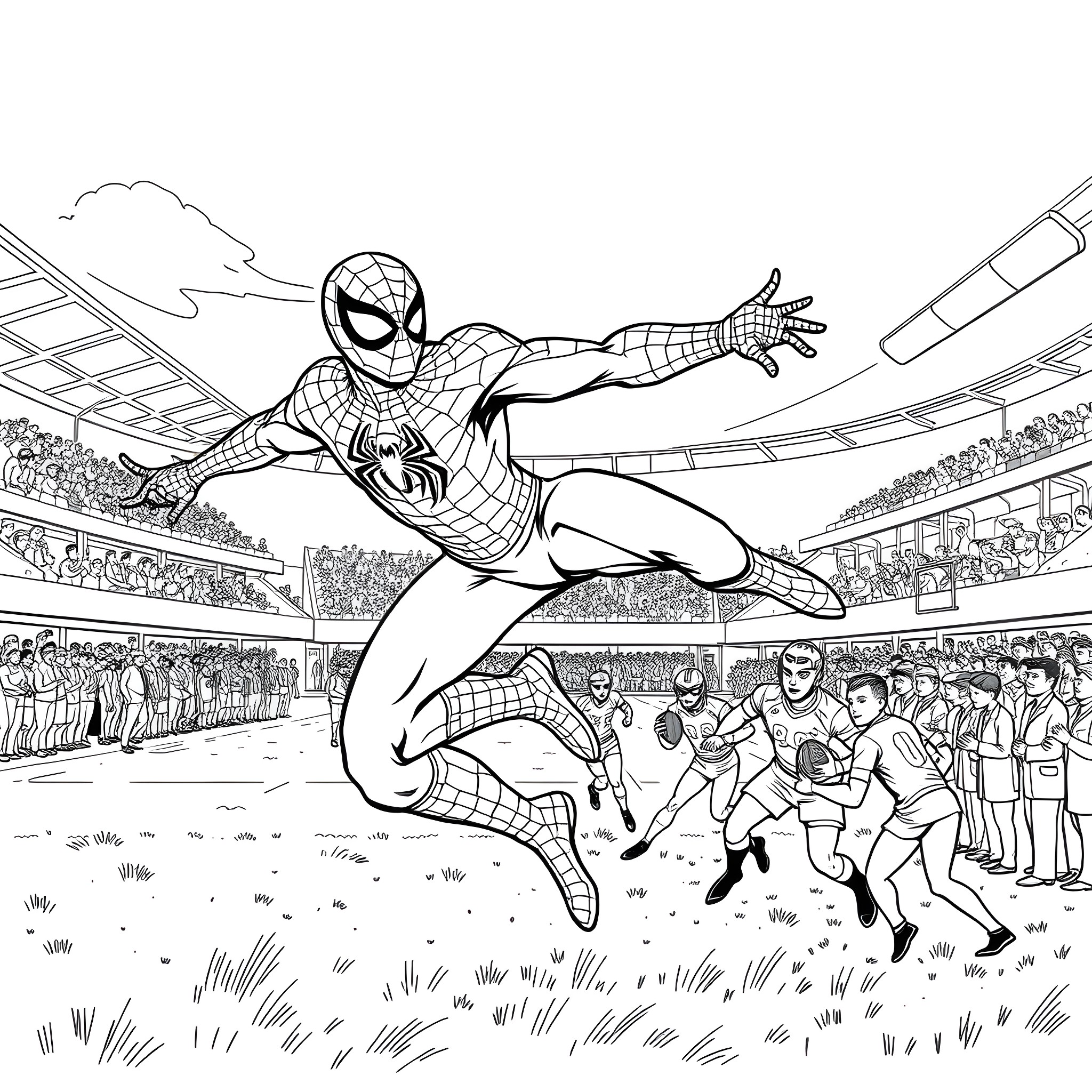 Spider-Man heroically leaping in action-packed stadium scene Coloring Page (free black-and-white line drawing printable PDF for all, from beginners to advanced learners, including children, teens, adults, and seniors)