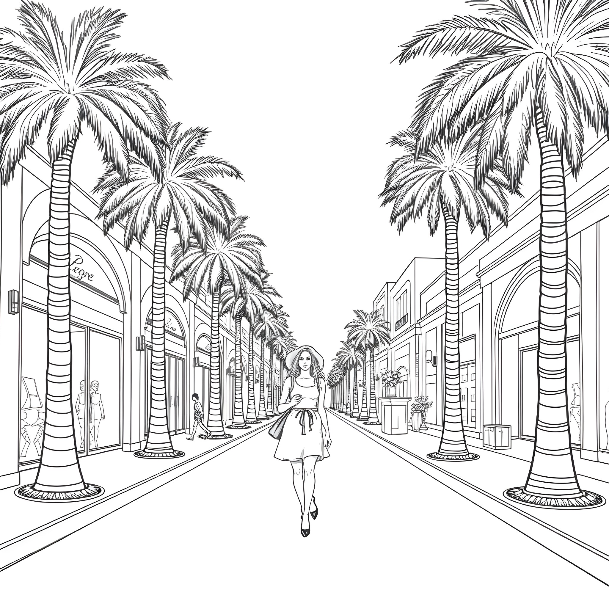 Laura Leighton strolling through a palm-lined street Coloring Page (free black-and-white line drawing printable PDF for all, from beginners to advanced learners, including children, teens, adults, and seniors)