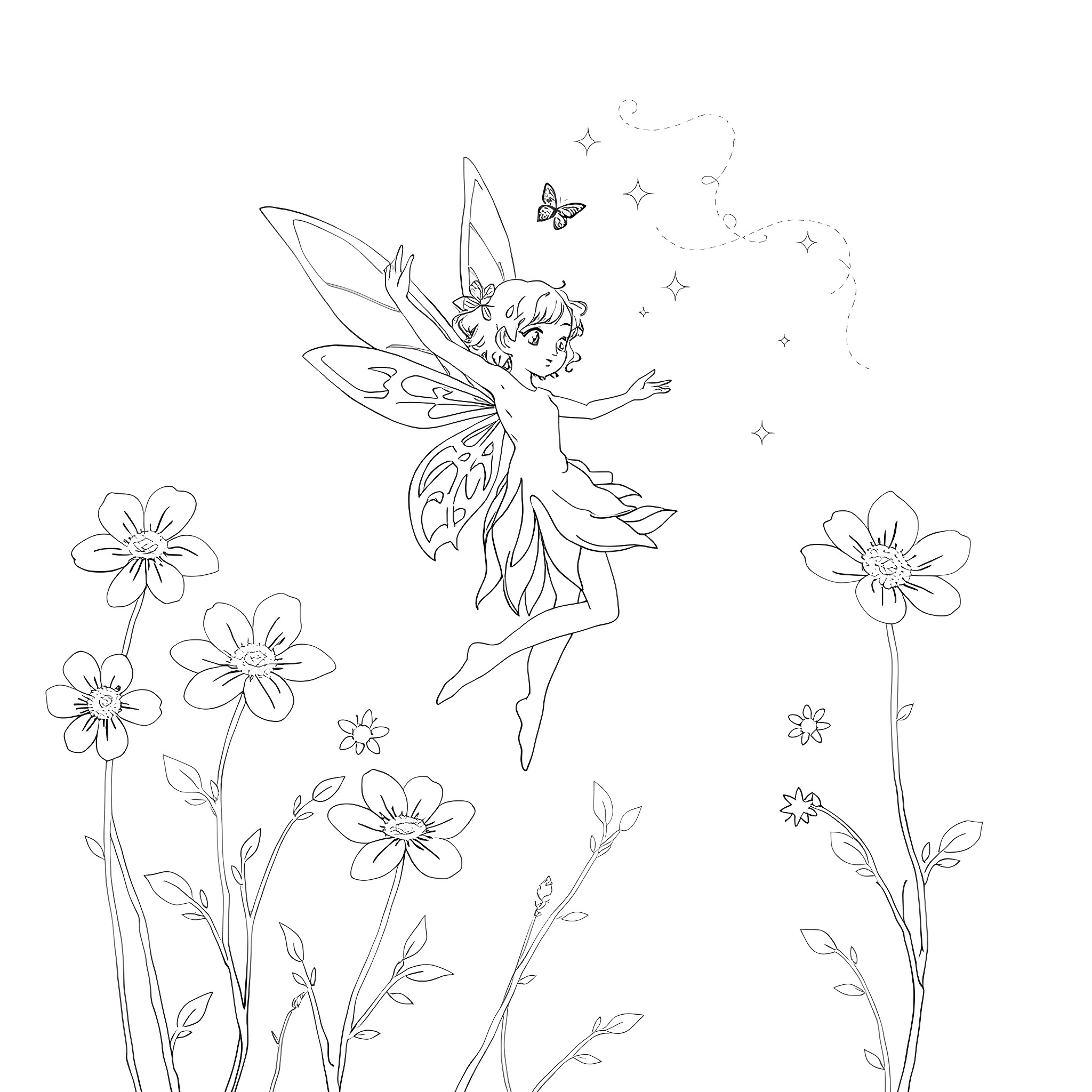 Fairy dancing among flowers and butterflies Coloring Page (free black-and-white line drawing printable PDF for all, from beginners to advanced learners, including children, teens, adults, and seniors)
