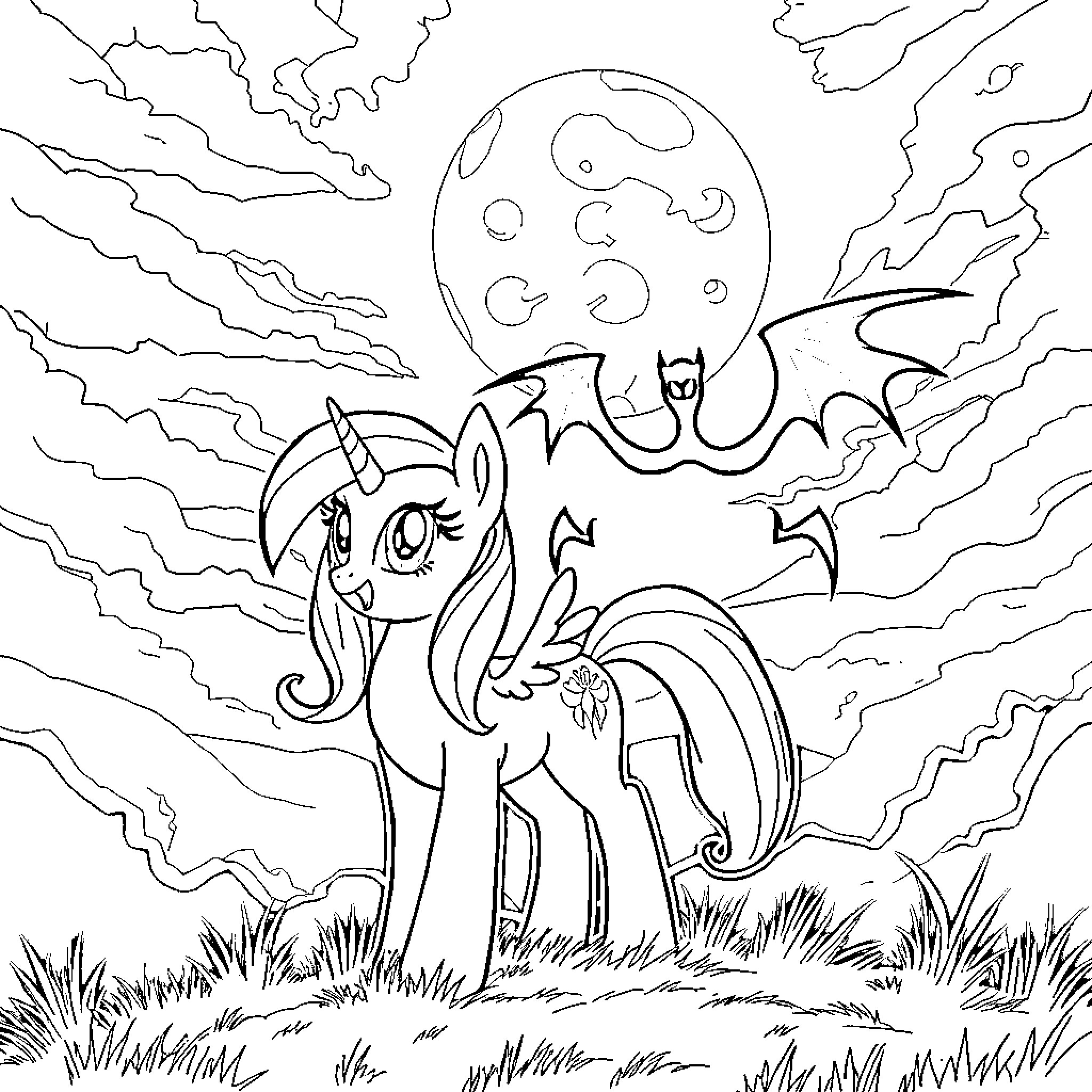 Twilight Sparkle exploring the moonlit night Coloring Page (free black-and-white line drawing printable PDF for all, from beginners to advanced learners, including children, teens, adults, and seniors)