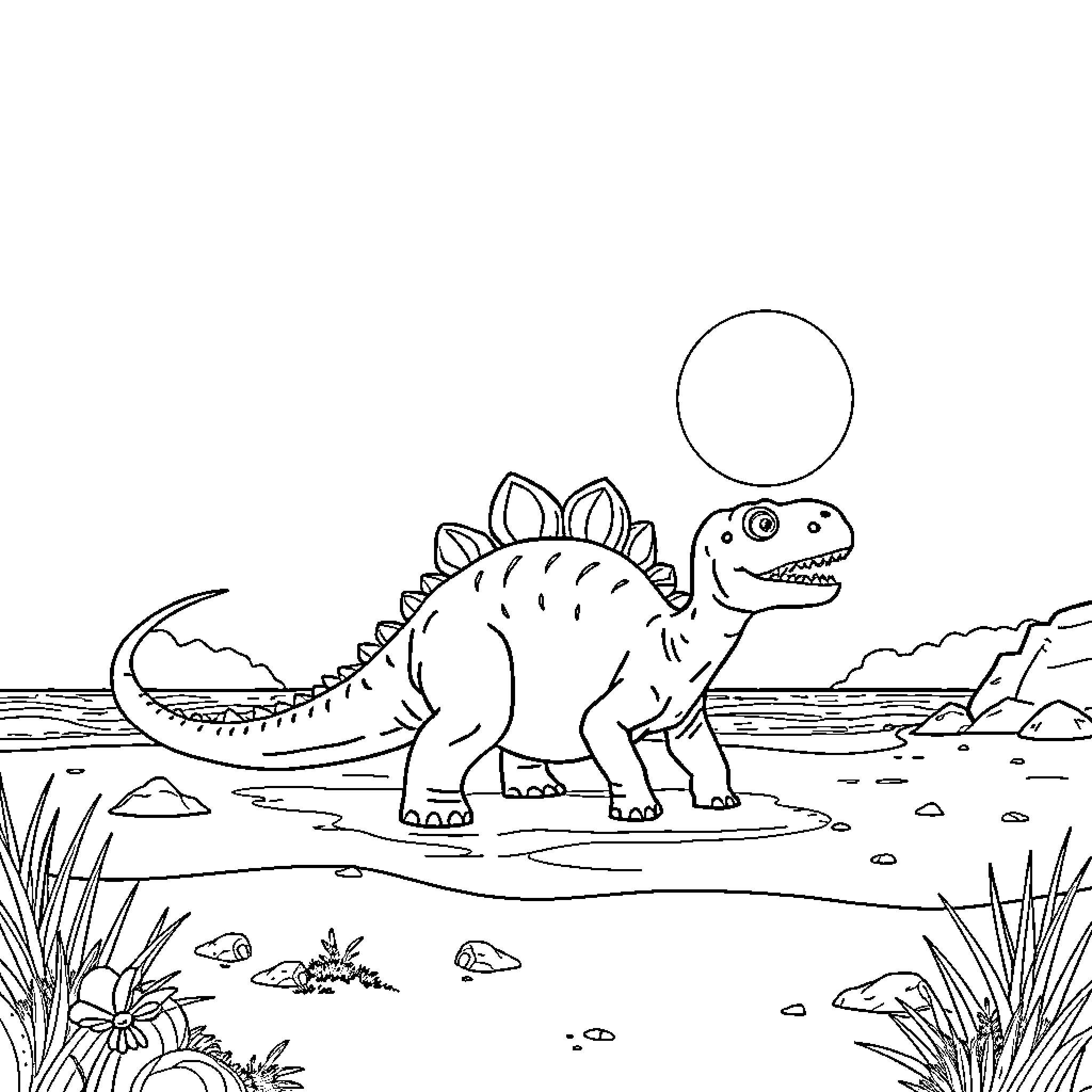 Dinosaur in a prehistoric landscape Coloring Page (free black-and-white line drawing printable PDF for all, from beginners to advanced learners, including children, teens, adults, and seniors)