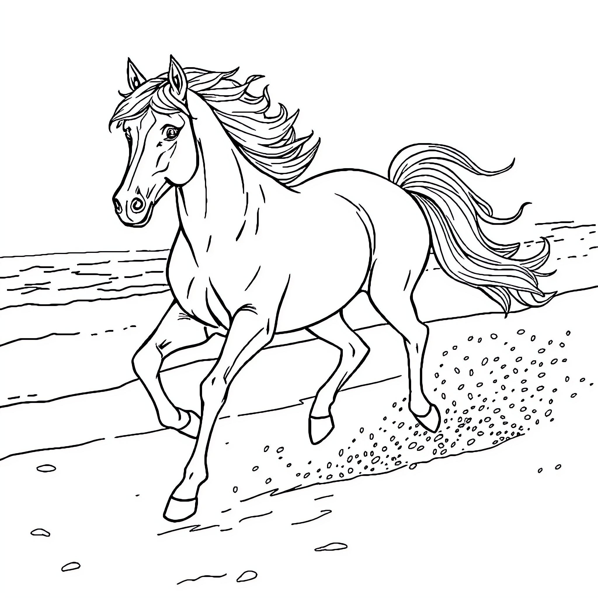Horse galloping freely in the open field Coloring Page (free black-and-white line drawing printable PDF for all, from beginners to advanced learners, including children, teens, adults, and seniors)
