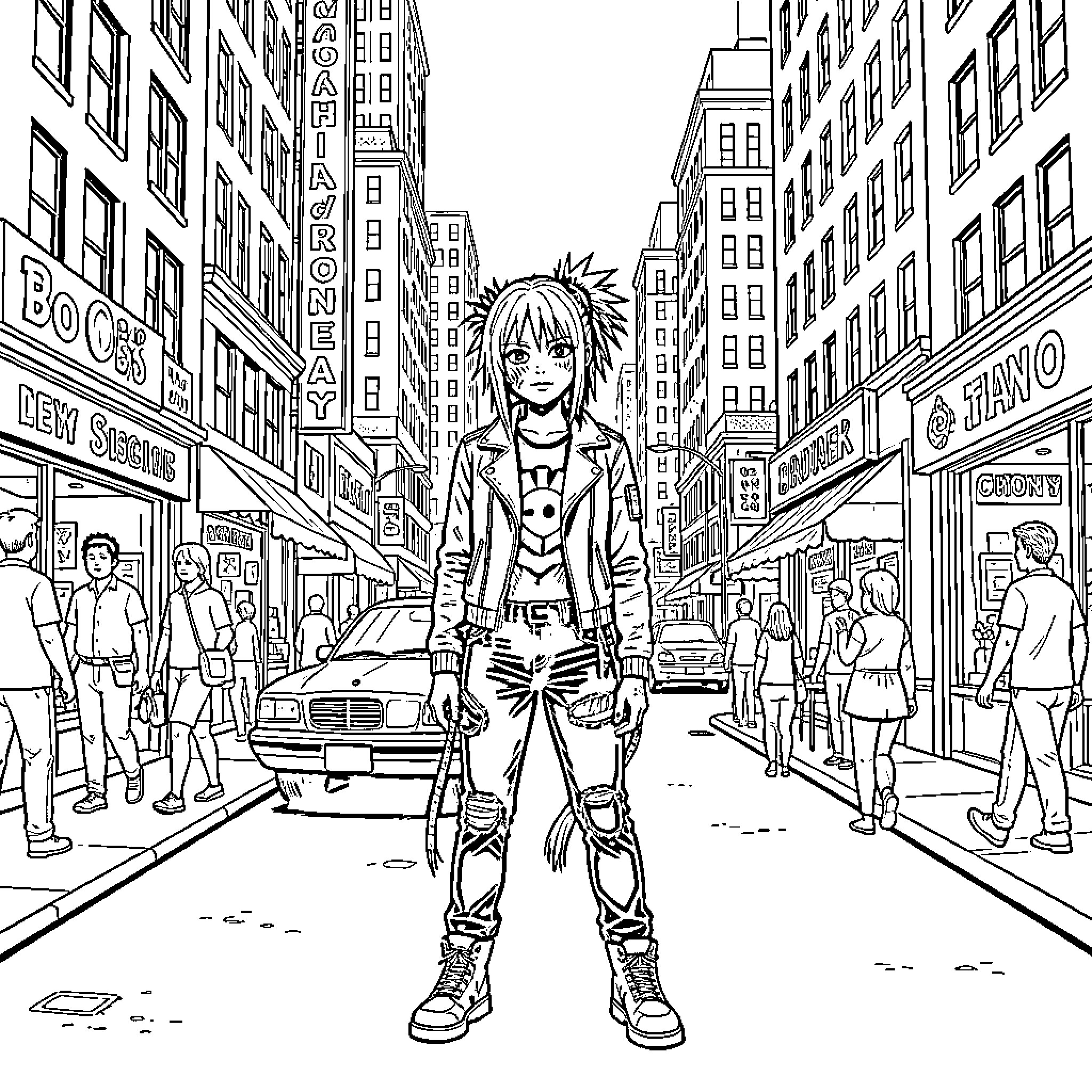 Punk Girl standing confidently on a busy city street Coloring Page (free black-and-white line drawing printable PDF for all, from beginners to advanced learners, including children, teens, adults, and seniors)