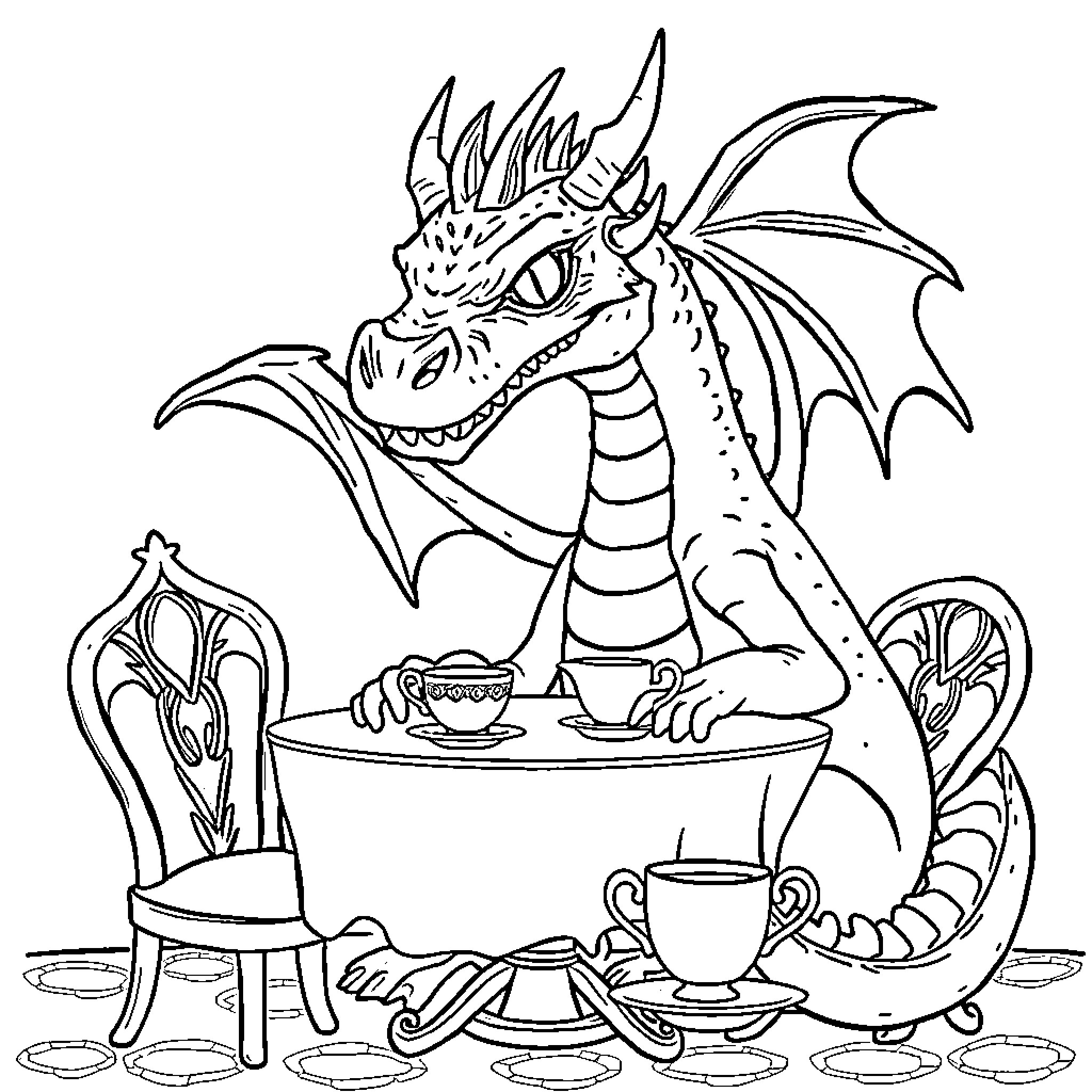 Dragon enjoying a tea party Coloring Page (free black-and-white line drawing printable PDF for all, from beginners to advanced learners, including children, teens, adults, and seniors)