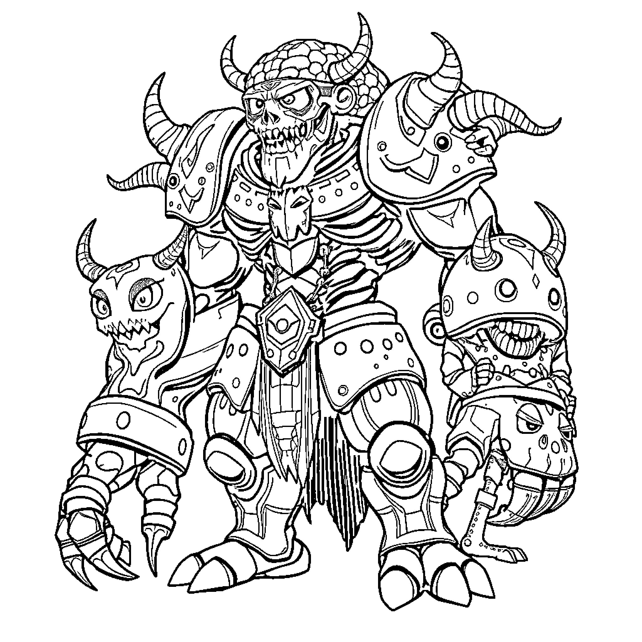 Brainrot Character in Demonic Armor and Horns Coloring Page (free black-and-white line drawing printable PDF for all, from beginners to advanced learners, including children, teens, adults, and seniors)