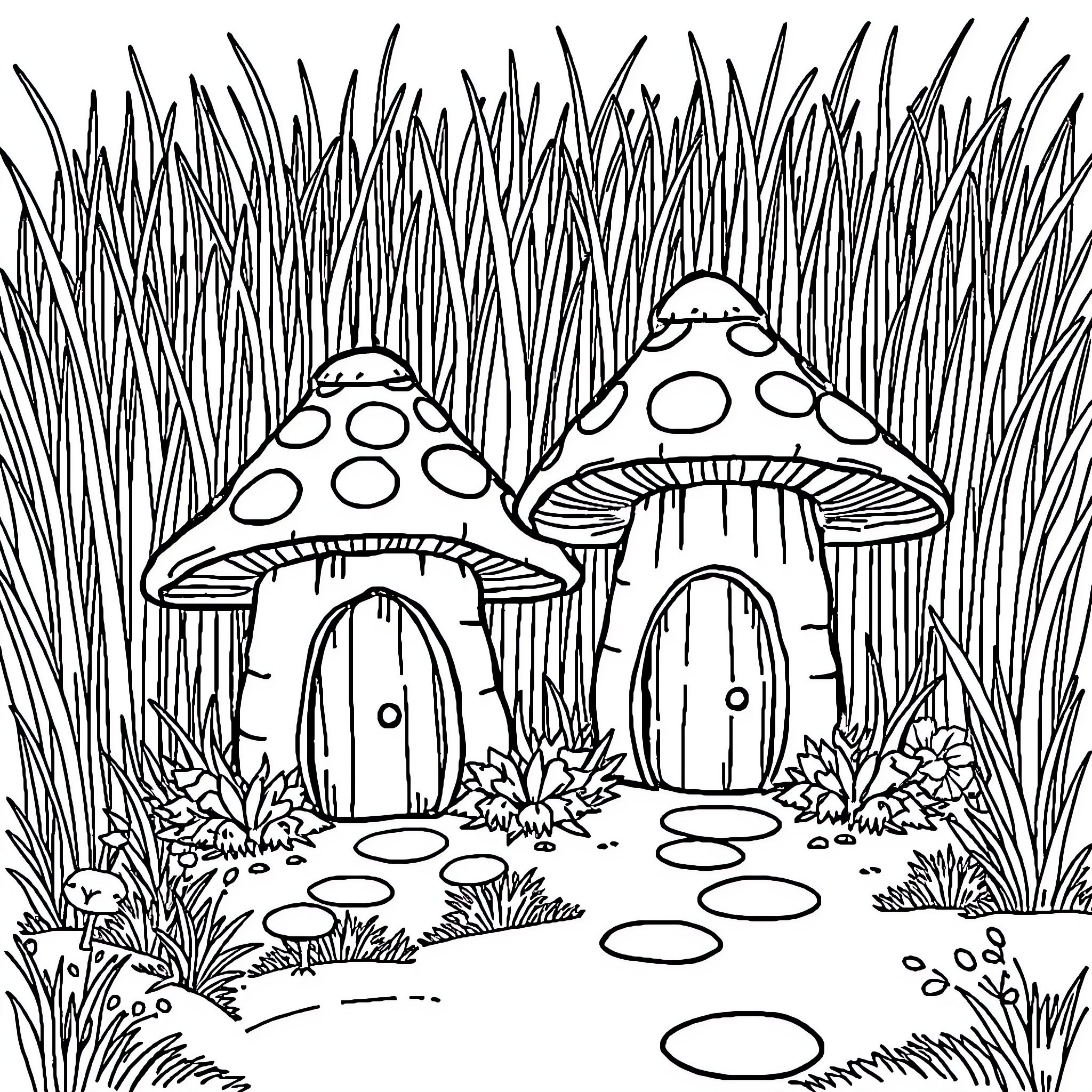 Mushroom Cottages in Magical Forest Coloring Page (free black-and-white line drawing printable PDF for all, from beginners to advanced learners, including children, teens, adults, and seniors)