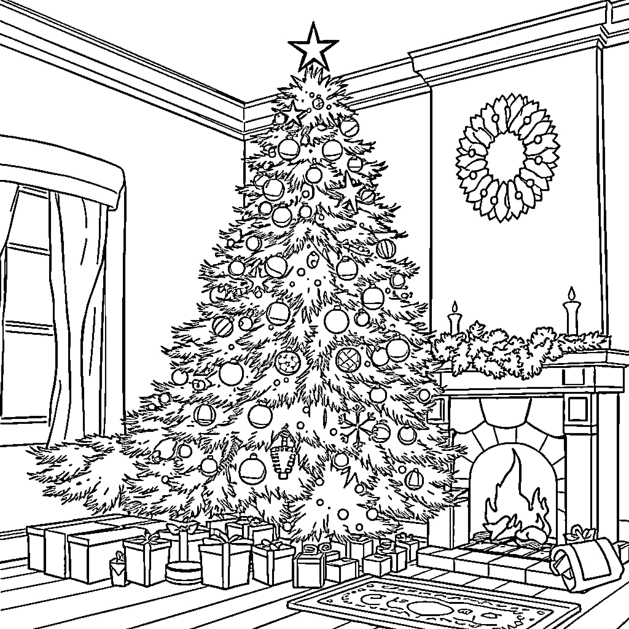 Christmas Tree Decorated with Ornaments and Presents Coloring Page (free black-and-white line drawing printable PDF for all, from beginners to advanced learners, including children, teens, adults, and seniors)