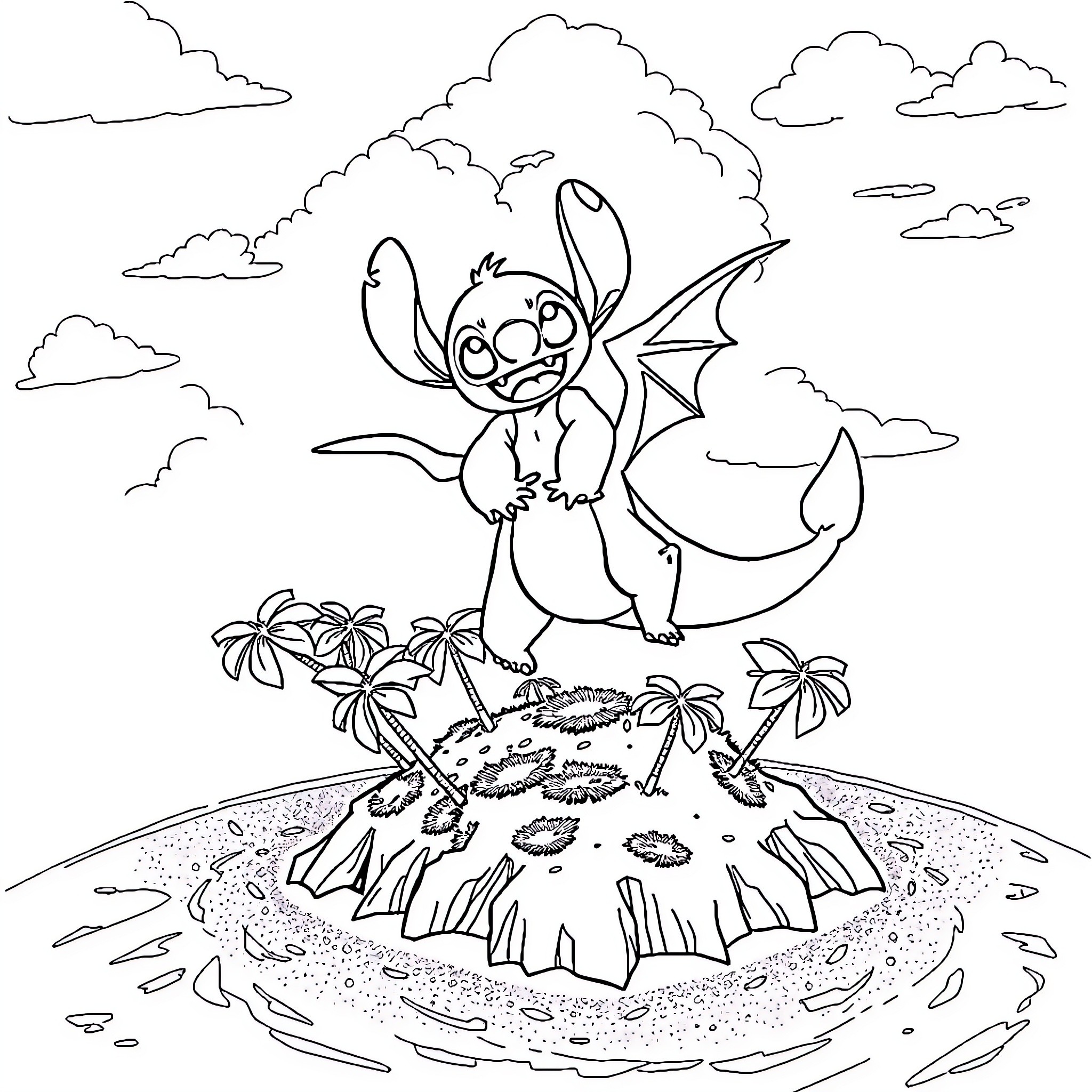 Stitch exploring a tropical island Coloring Page (free black-and-white line drawing printable PDF for all, from beginners to advanced learners, including children, teens, adults, and seniors)