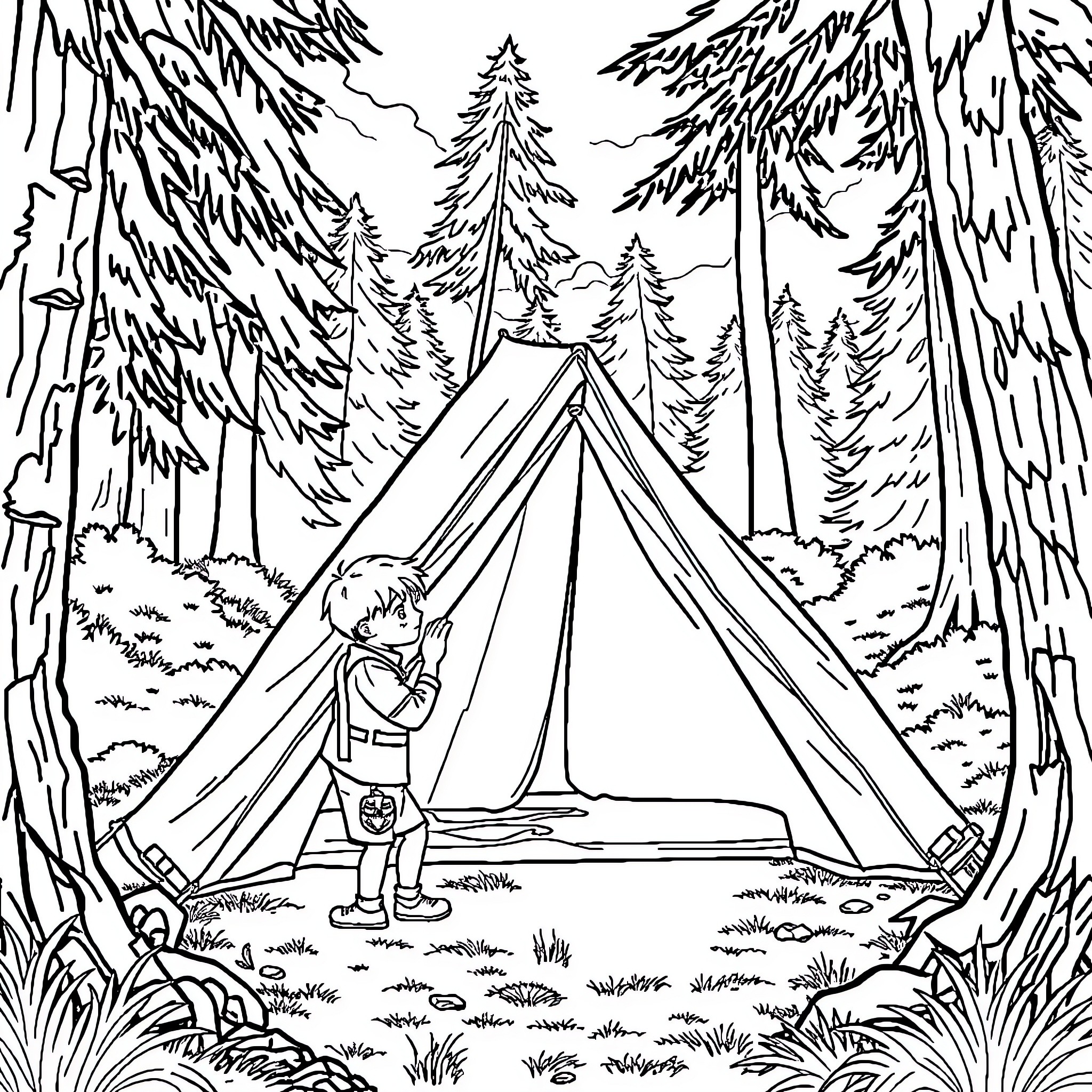 Scout exploring the tranquil forest campsite Coloring Page (free black-and-white line drawing printable PDF for all, from beginners to advanced learners, including children, teens, adults, and seniors)