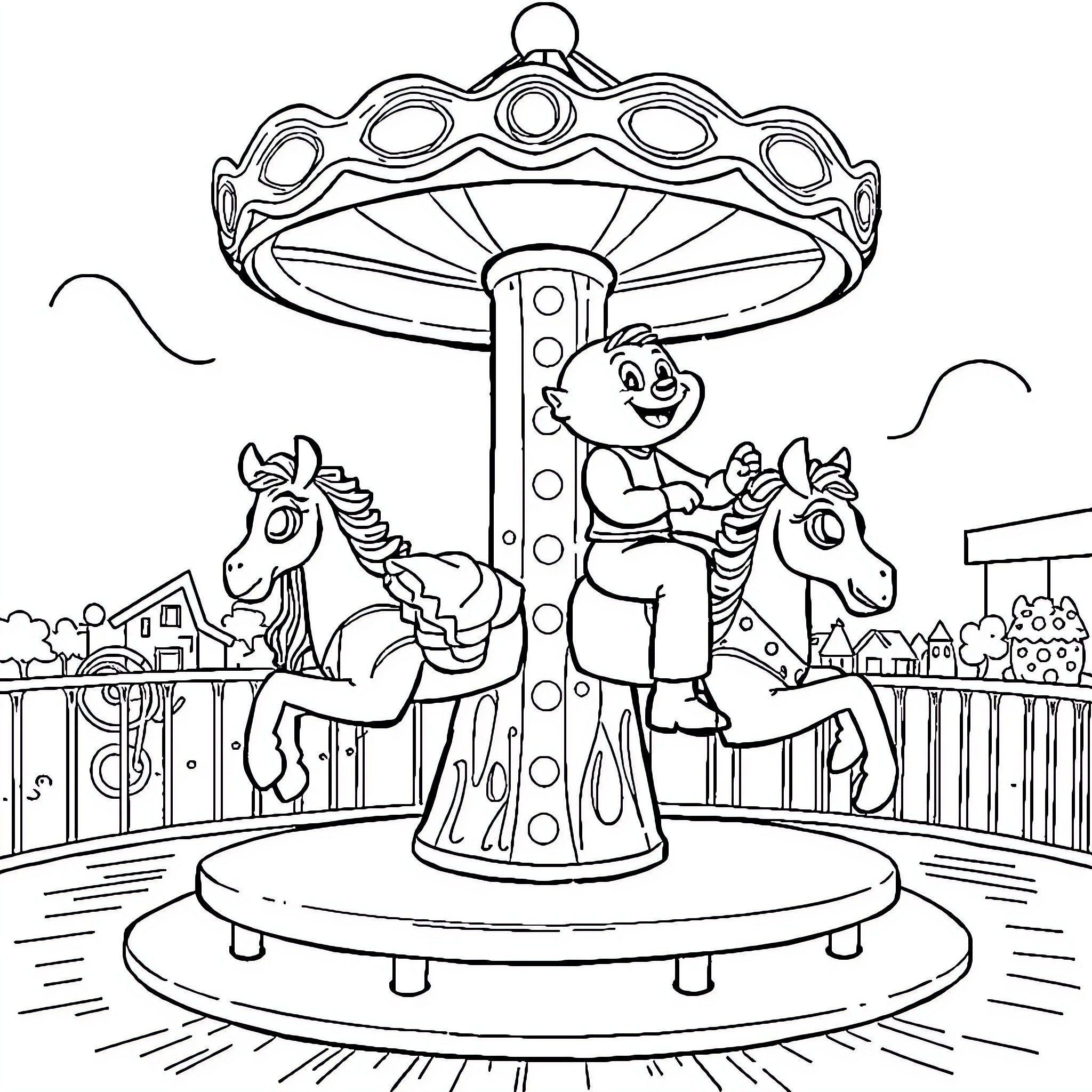Bluey enjoying a carousel ride with friends Coloring Page (free black-and-white line drawing printable PDF for all, from beginners to advanced learners, including children, teens, adults, and seniors)