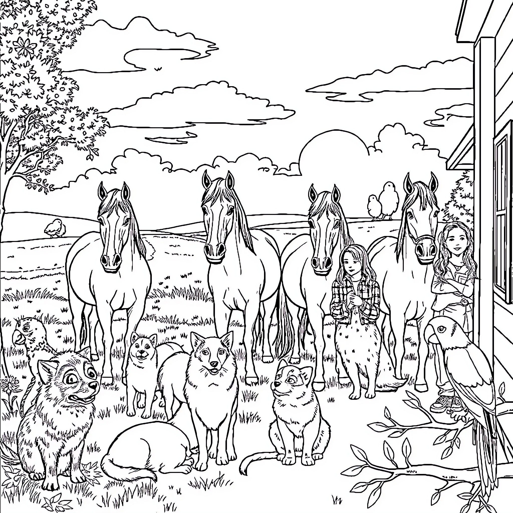 Animal friends gather at the farm Coloring Page (free black-and-white line drawing printable PDF for all, from beginners to advanced learners, including children, teens, adults, and seniors)