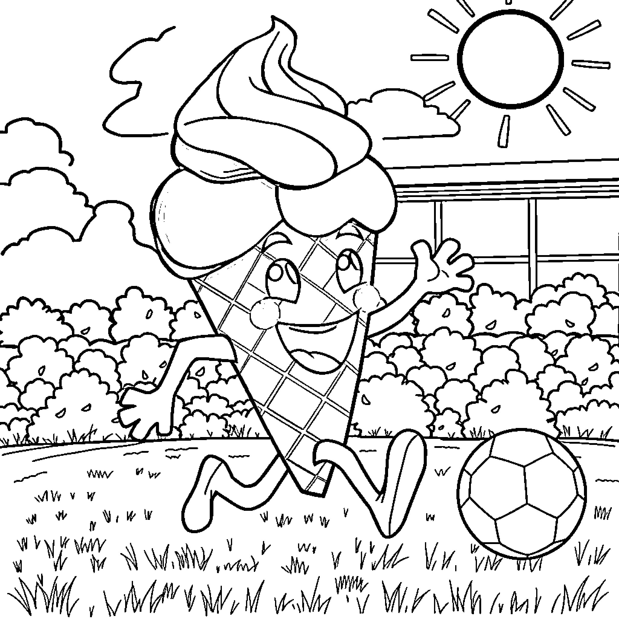 Ice Cream Cone Enjoying Sunny Day Outdoors Coloring Page (free black-and-white line drawing printable PDF for all, from beginners to advanced learners, including children, teens, adults, and seniors)