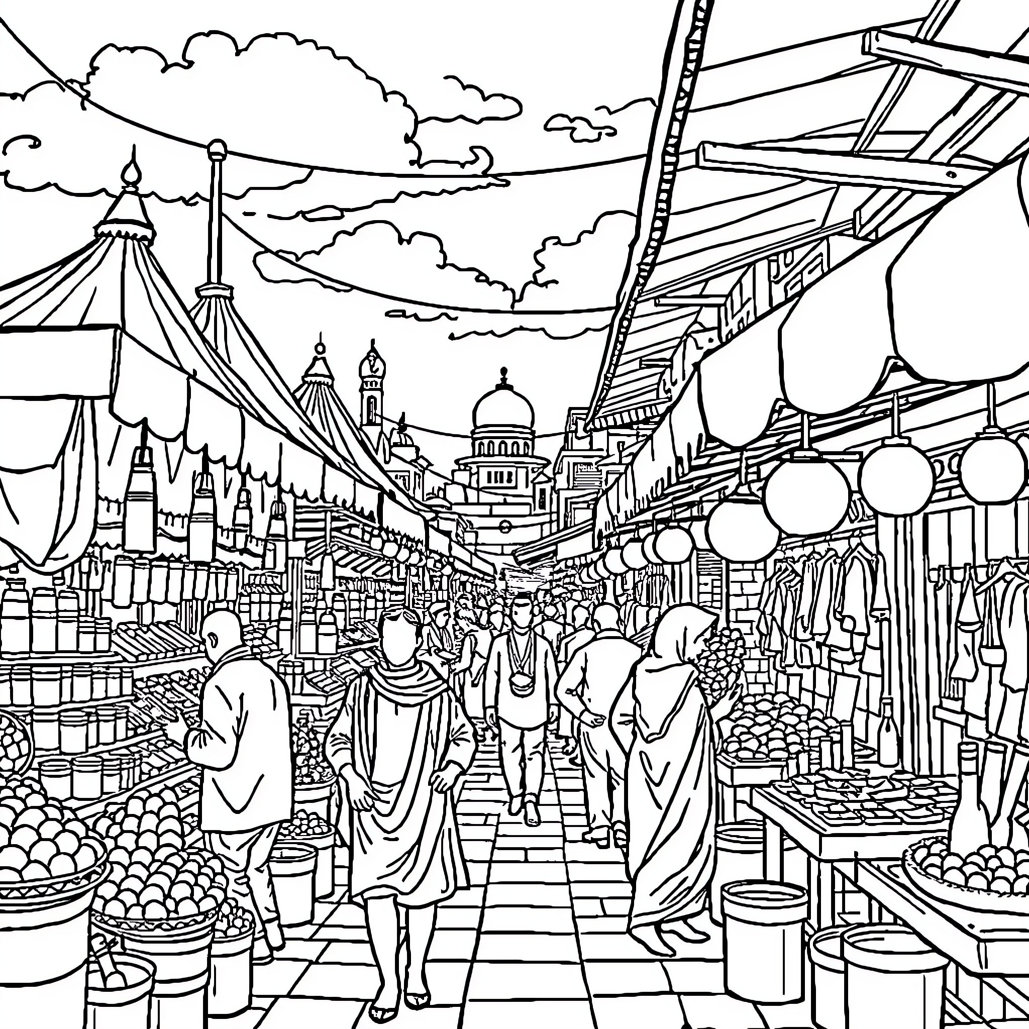 Mobael Lively Marketplace Scene with Bustling Crowds Coloring Page (free black-and-white line drawing printable PDF for all, from beginners to advanced learners, including children, teens, adults, and seniors)