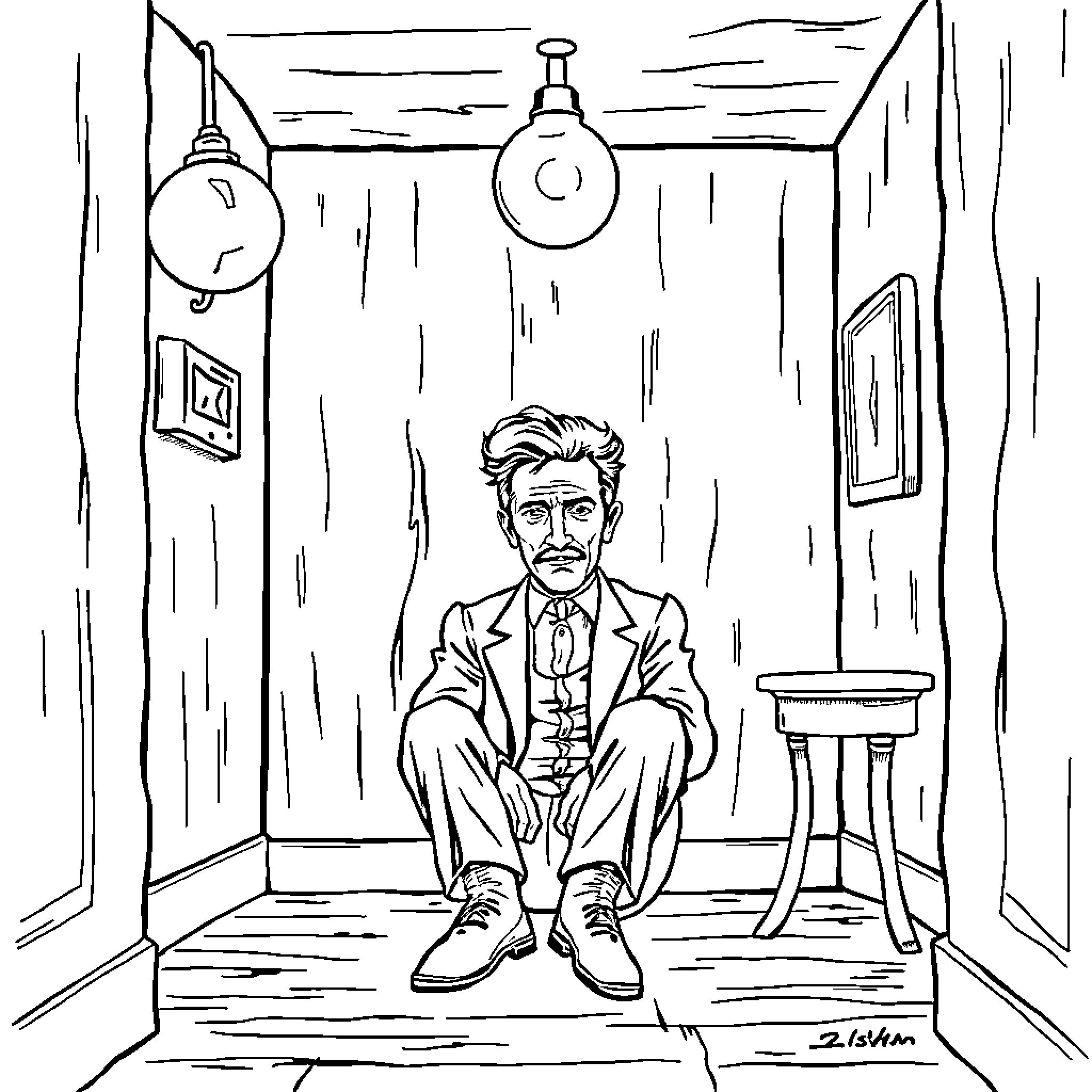 Nikola Tesla contemplating in an old room Coloring Page (free black-and-white line drawing printable PDF for all, from beginners to advanced learners, including children, teens, adults, and seniors)