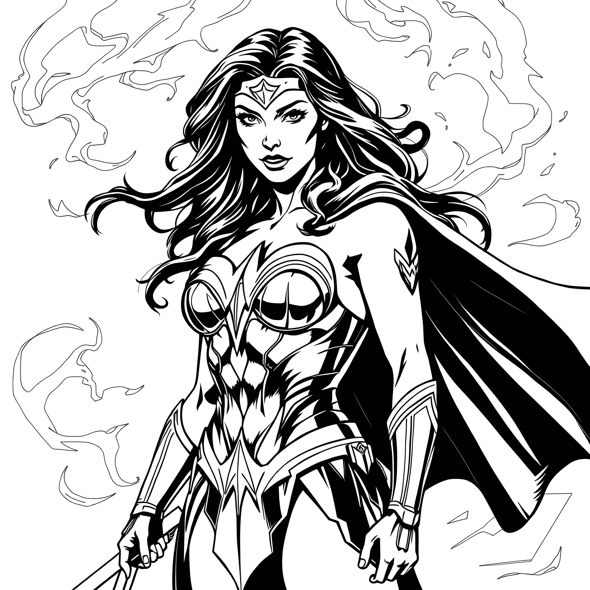 Wonder Woman wielding her power in a fierce pose Coloring Page (free black-and-white line drawing printable PDF for all, from beginners to advanced learners, including children, teens, adults, and seniors)