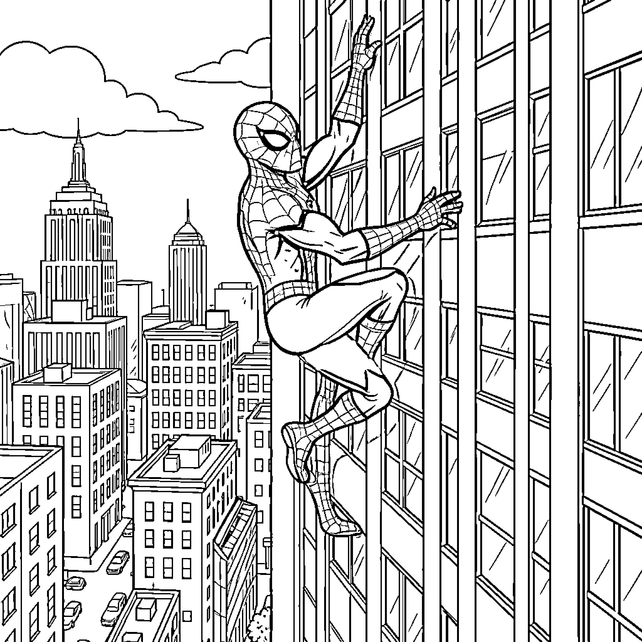 Spiderman climbing up the side of a skyscraper Coloring Page (free black-and-white line drawing printable PDF for all, from beginners to advanced learners, including children, teens, adults, and seniors)