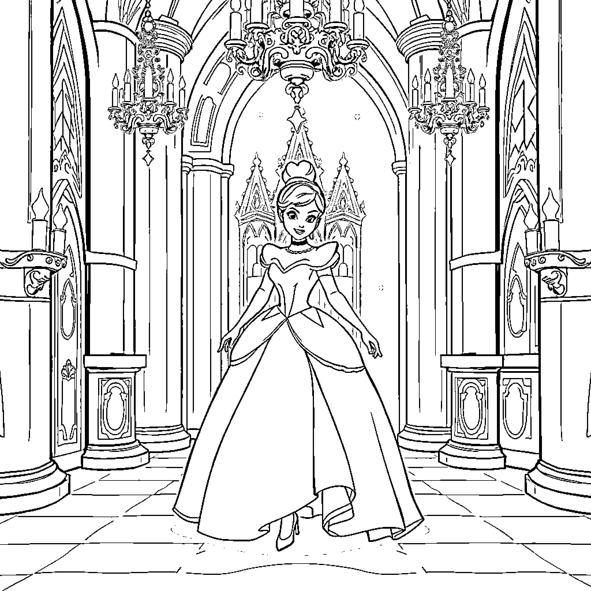 Cinderella's Magical Palace Ball Transformation Coloring Page (free black-and-white line drawing printable PDF for all, from beginners to advanced learners, including children, teens, adults, and seniors)