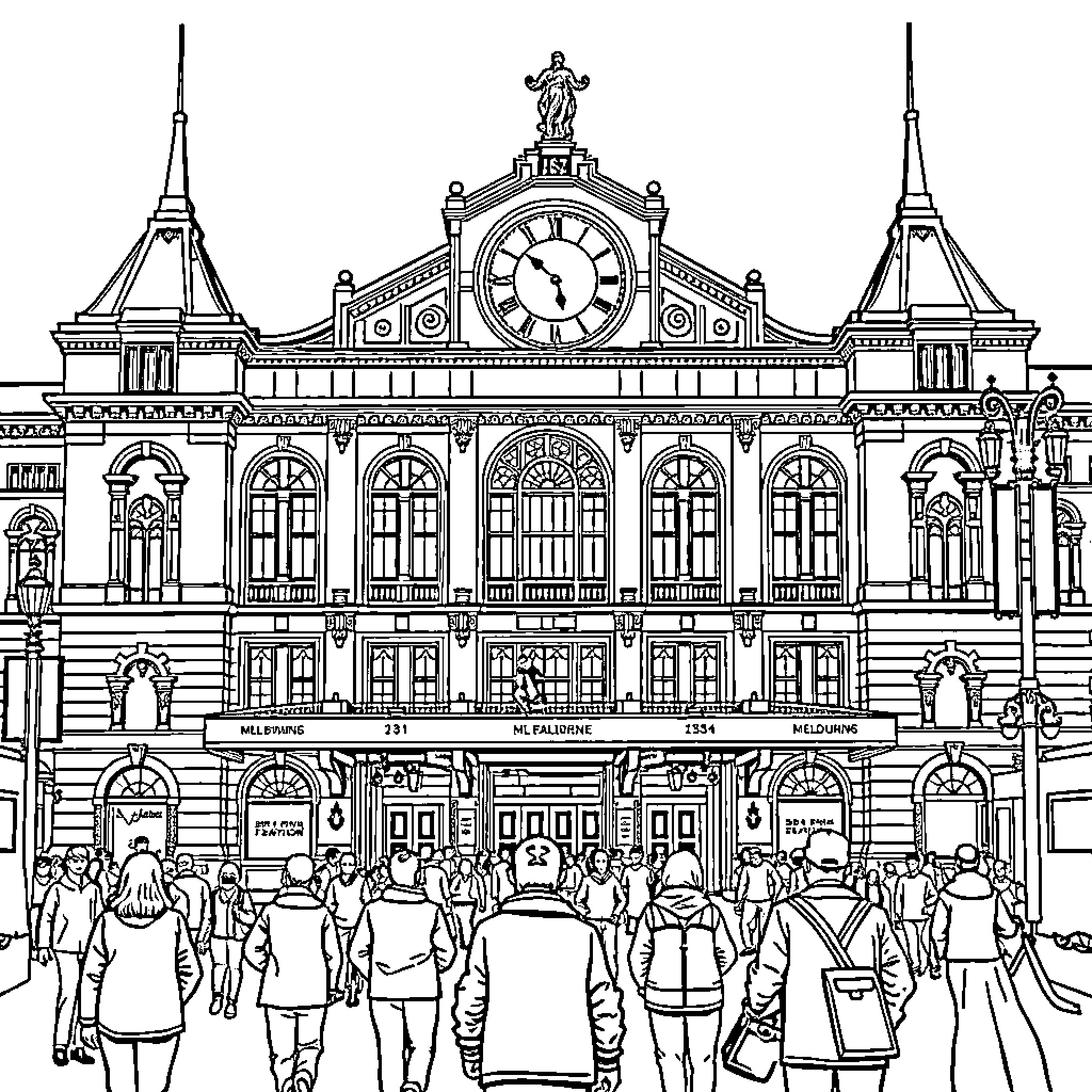 Flinders Street Station: Bustling Scene of People and Architecture Coloring Page (free black-and-white line drawing printable PDF for all, from beginners to advanced learners, including children, teens, adults, and seniors)