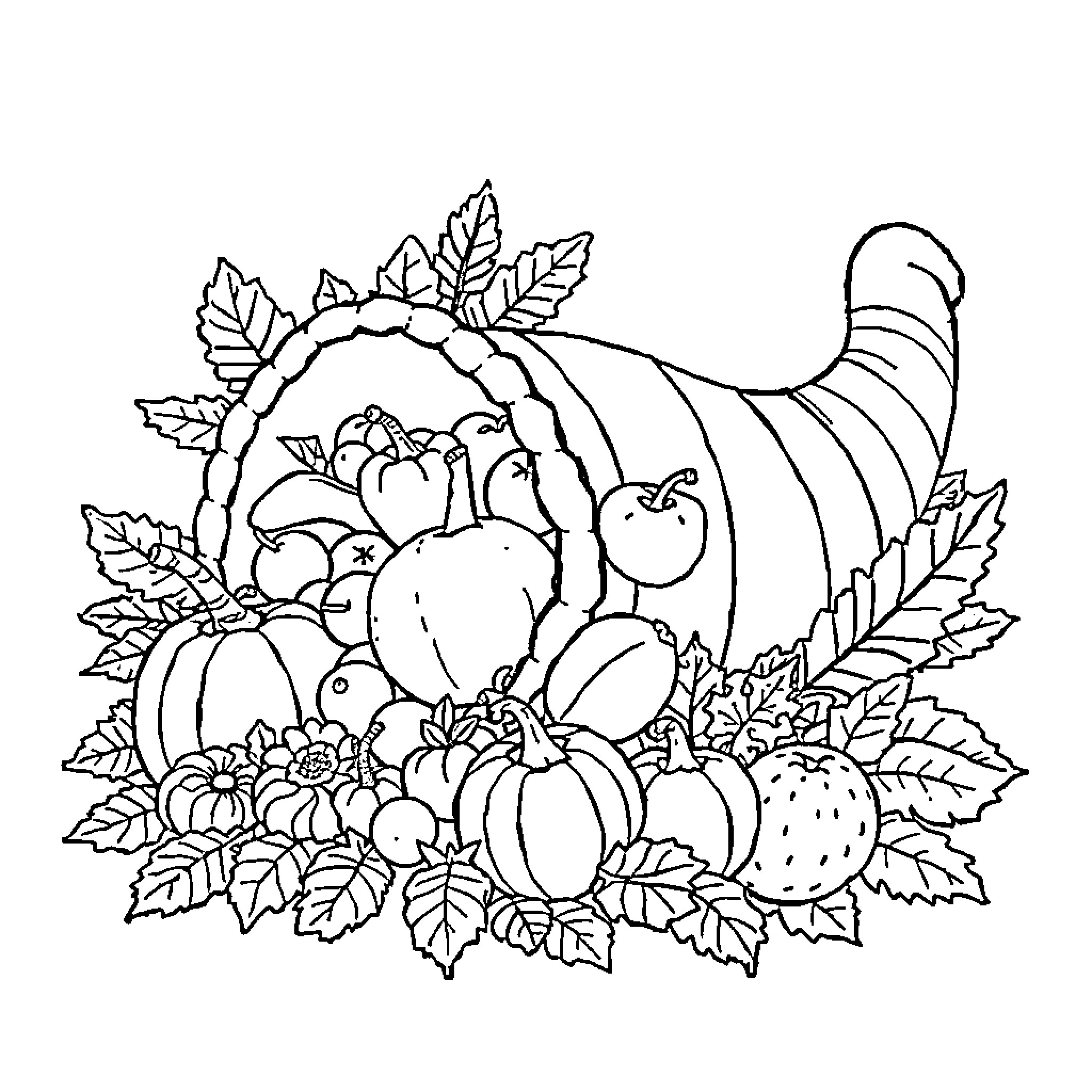 Cornucopia of Autumn Harvest Abundance Coloring Page (free black-and-white line drawing printable PDF for all, from beginners to advanced learners, including children, teens, adults, and seniors)