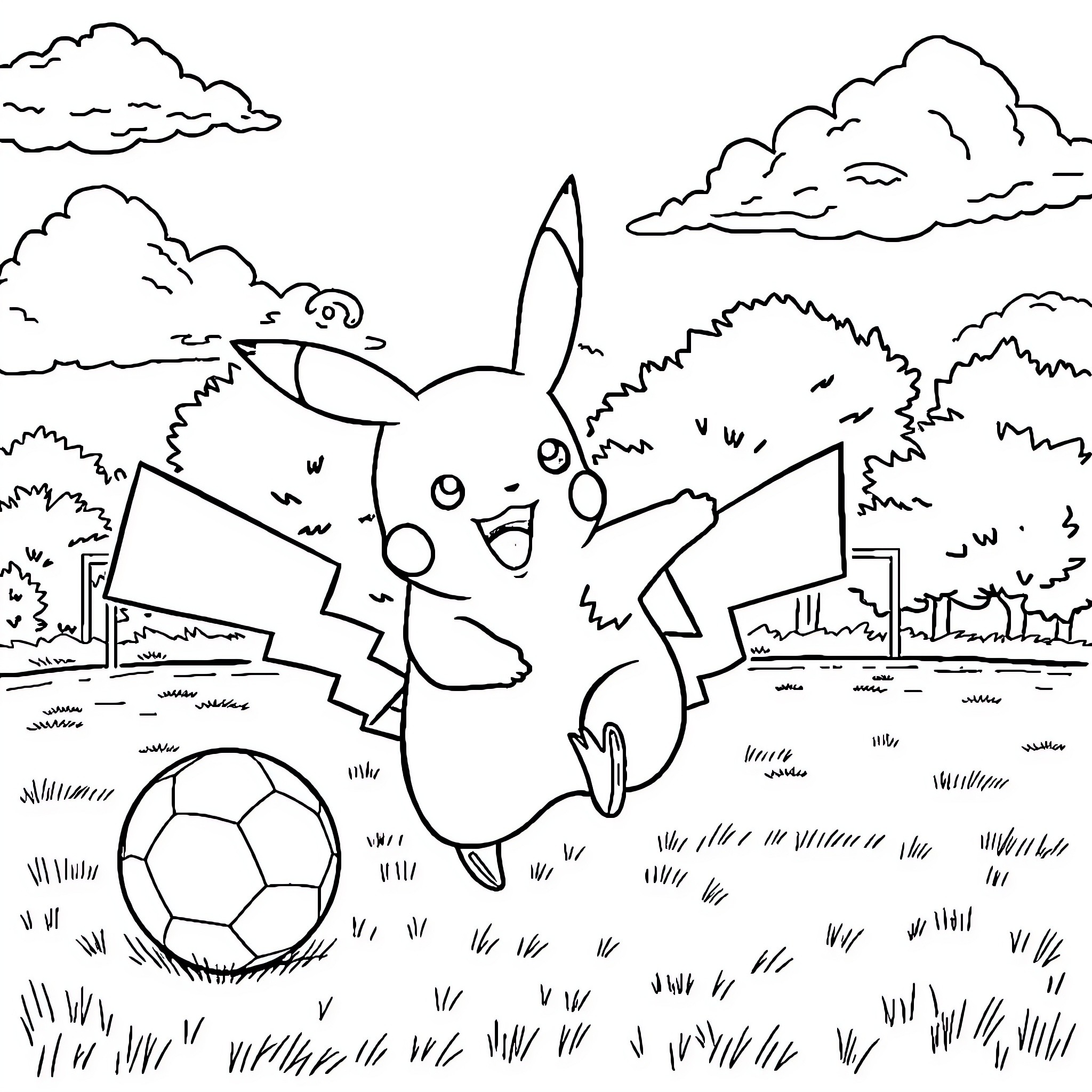 Pikachu playing joyfully with a soccer ball in a park Coloring Page (free black-and-white line drawing printable PDF for all, from beginners to advanced learners, including children, teens, adults, and seniors)