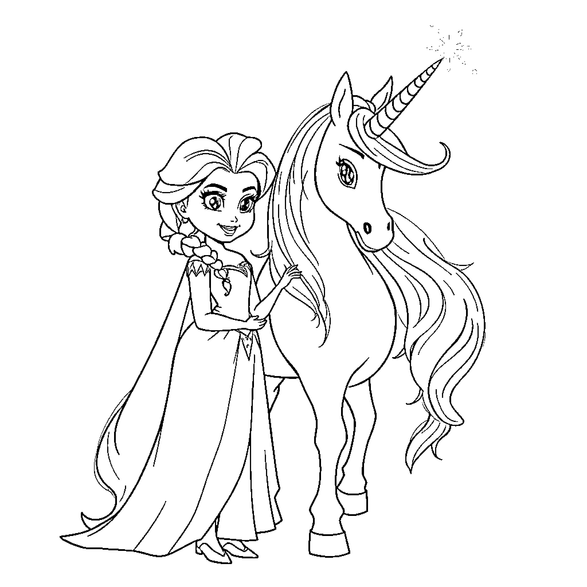 Elsa's magical unicorn adventure Coloring Page (free black-and-white line drawing printable PDF for all, from beginners to advanced learners, including children, teens, adults, and seniors)