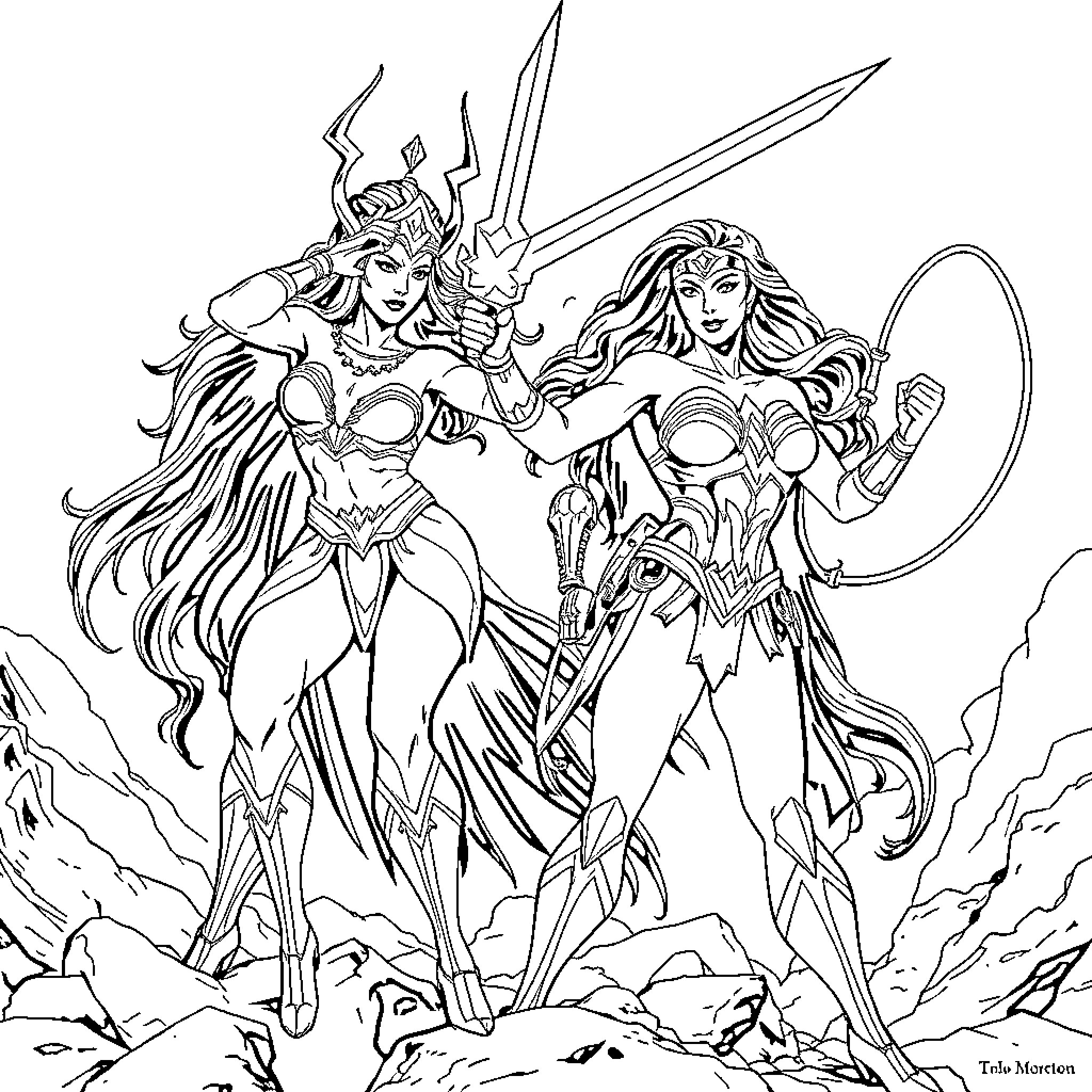 She-Ra and Wonder Woman warriors in combat stance Coloring Page (free black-and-white line drawing printable PDF for all, from beginners to advanced learners, including children, teens, adults, and seniors)